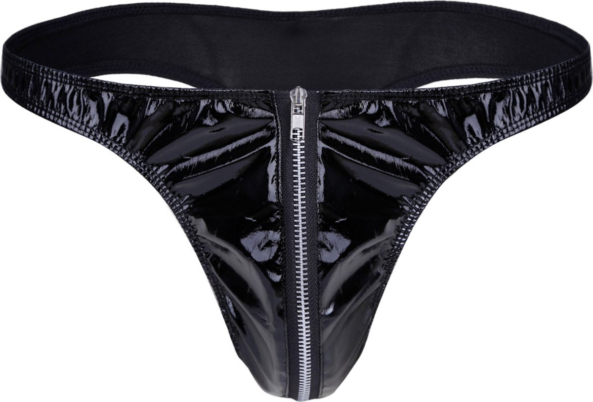 Heren Slip met Rits - Latex Look - String Zwart - Sexy Design - Mannen String - Ondergoed Maat XXL