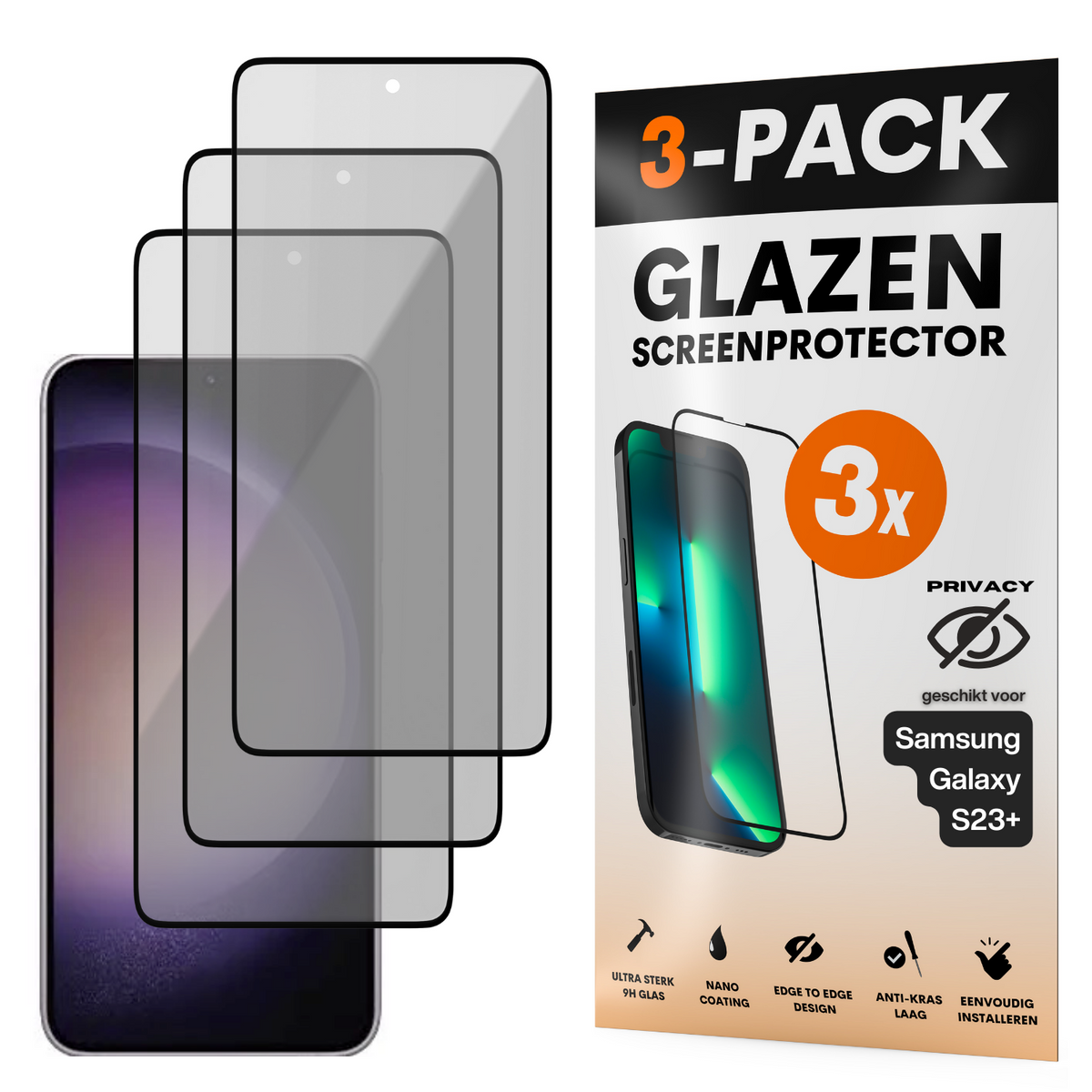 Privacy Screenprotector - Geschikt voor Samsung Galaxy S23+ - Gehard Glas - Full Cover Tempered Privacy Glass - Case Friendly - 3 Pack