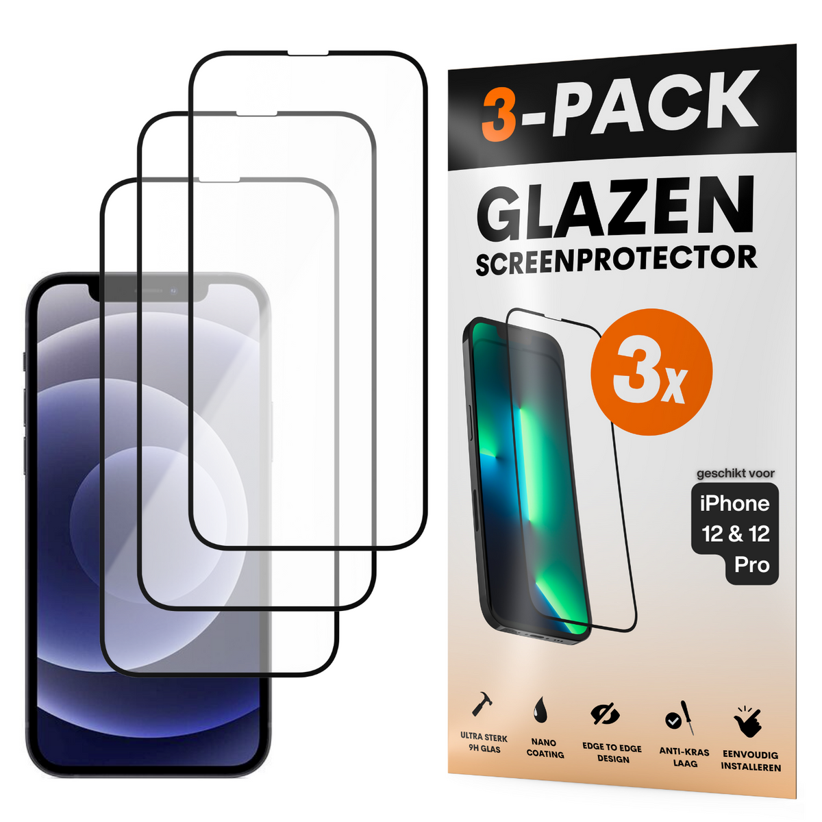 Screenprotector - Geschikt voor iPhone 12 / 12 Pro - Gehard Glas - Full Cover Tempered Glass - Case Friendly - 3 Pack