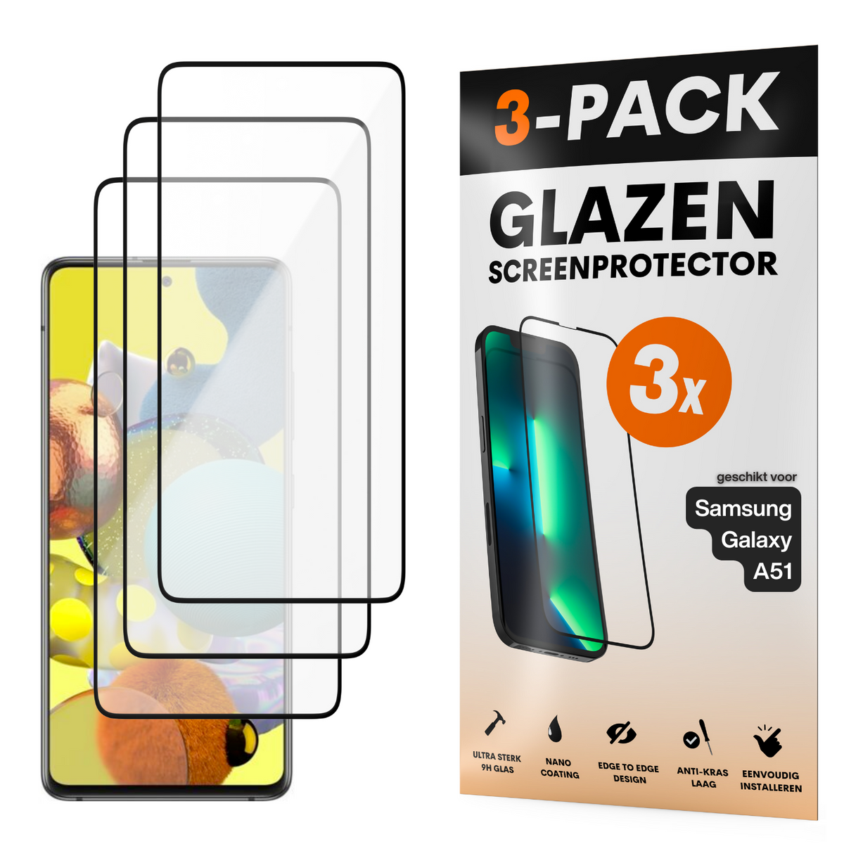 Screenprotector - Geschikt voor Samsung Galaxy A51 - Gehard Glas - Full Cover Tempered Glass - Case Friendly - 3 Pack