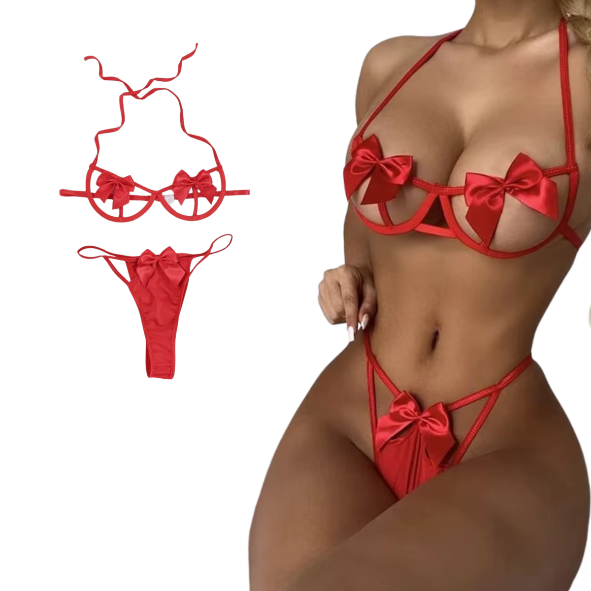 Sexy Dames Lingerieset – Rood - Met Strikken – Tweedelige Lingerie Set - Halter Bralette Met Strikjes - String - Ondergoed Voor Vrouwen - Maat XL