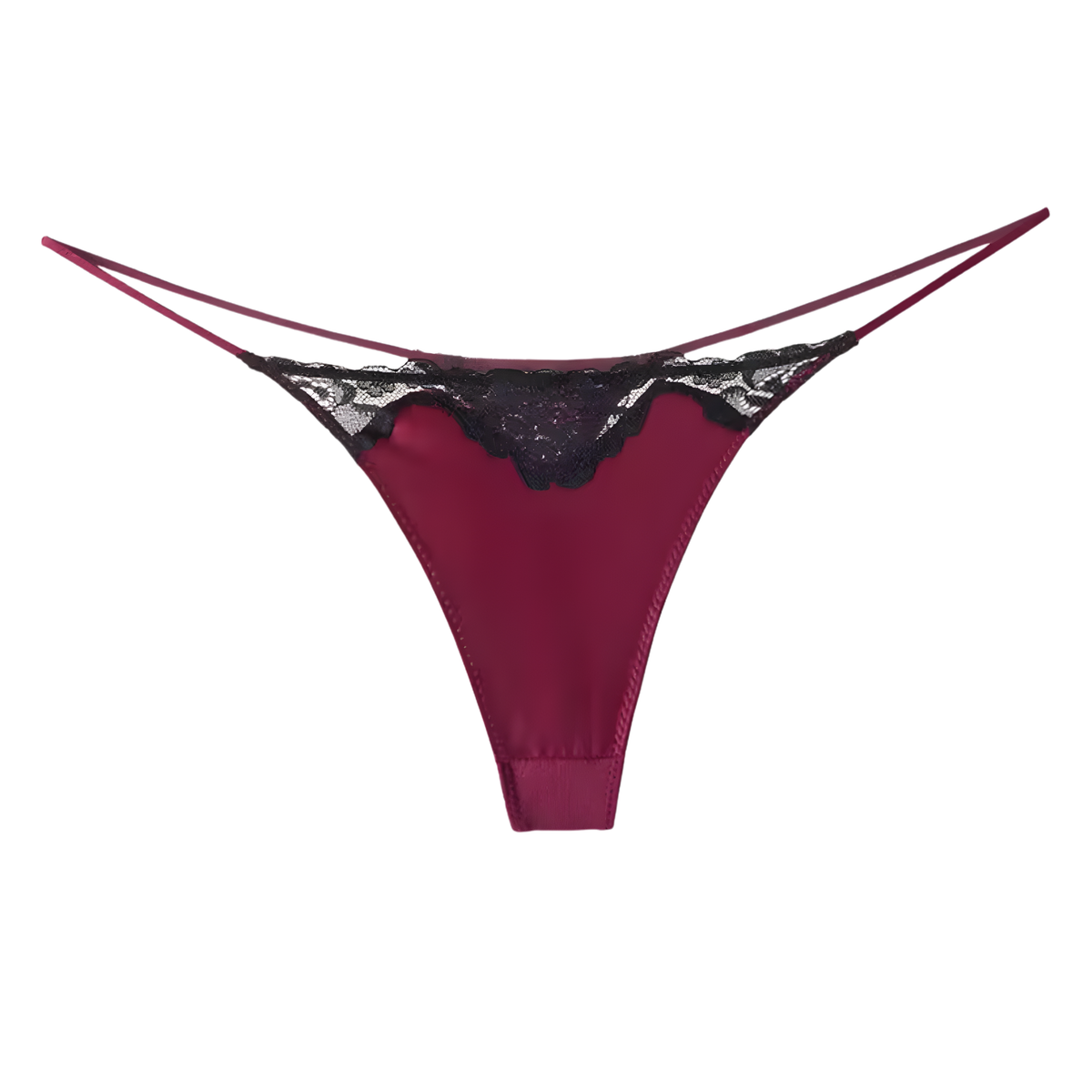 Sexy Dames String – Bordeaux Rood - Satijn & Zwart Kant - Dunne Bandjes – Lingerie Voor Vrouwen - Comfortabel Ondergoed - Slip / Onderbroek - Maat S