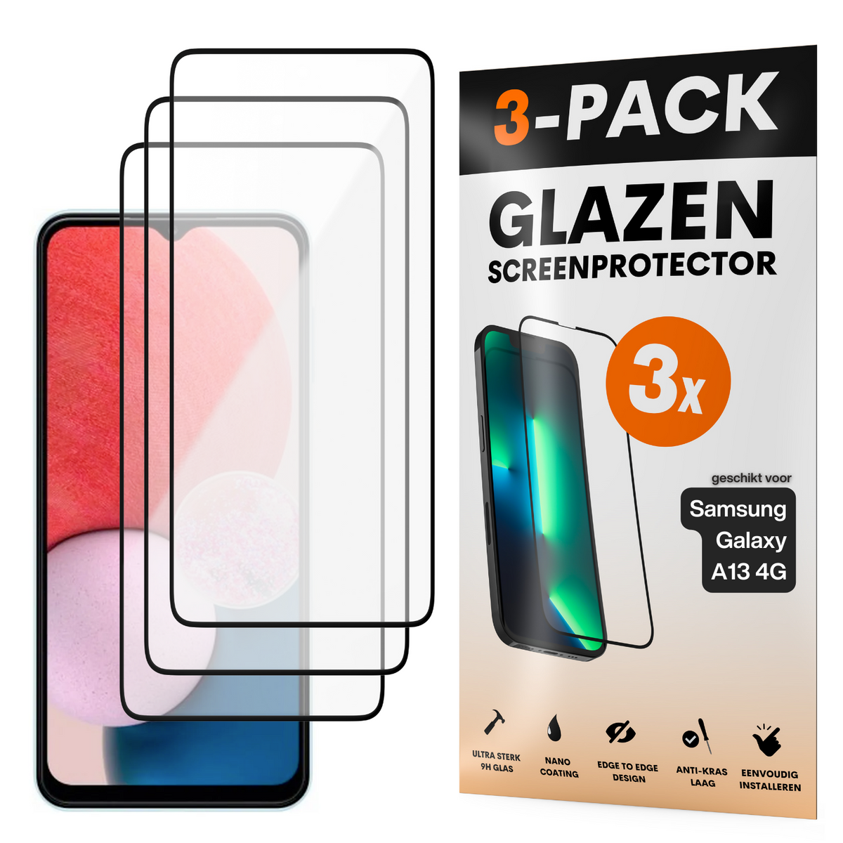 Screenprotector - Geschikt voor Samsung Galaxy A13 4G - Gehard Glas - Full Cover Tempered Glass - Case Friendly - 3 Pack