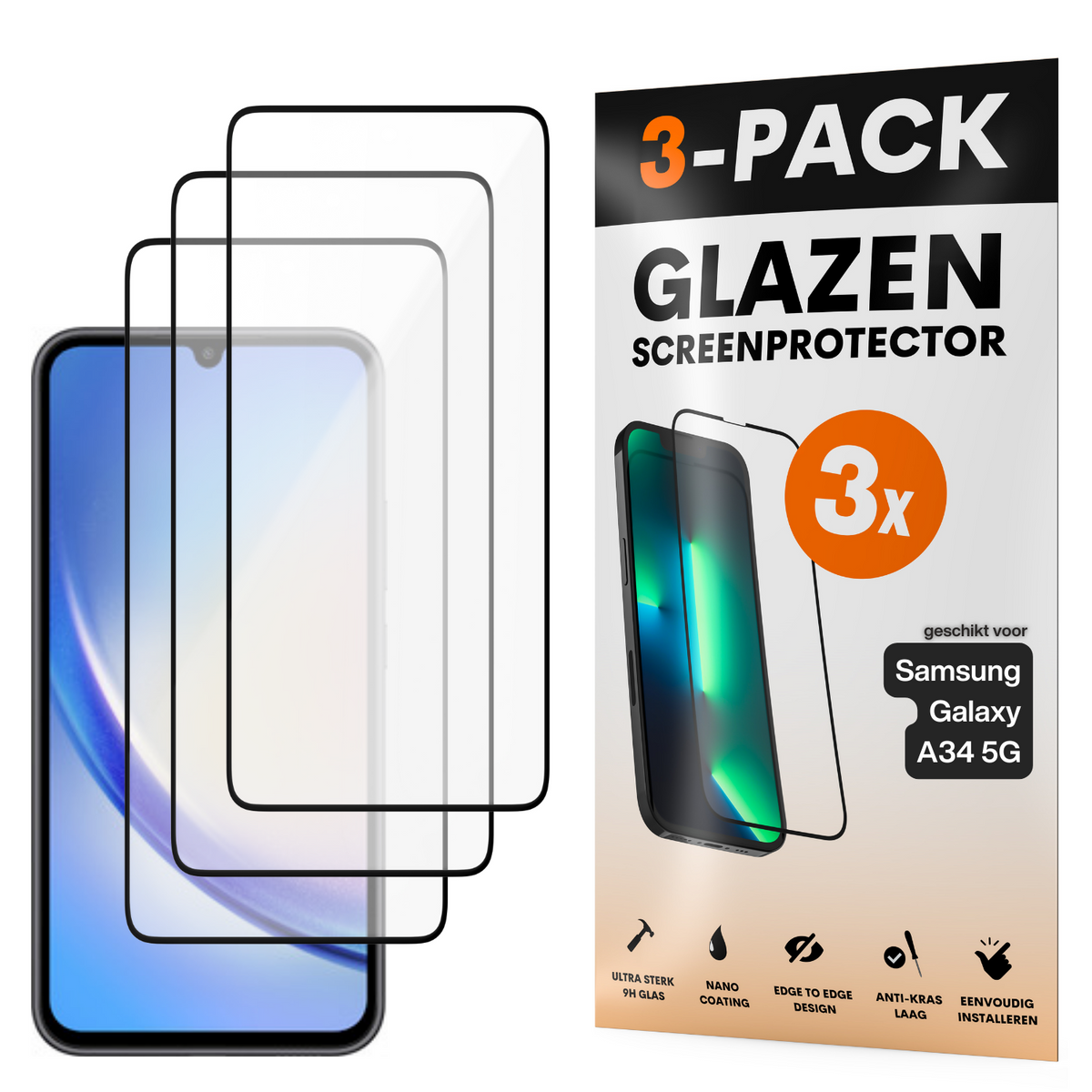 Screenprotector - Geschikt voor Samsung Galaxy A34 5G - Gehard Glas - Full Cover Tempered Glass - Case Friendly - 3 Pack