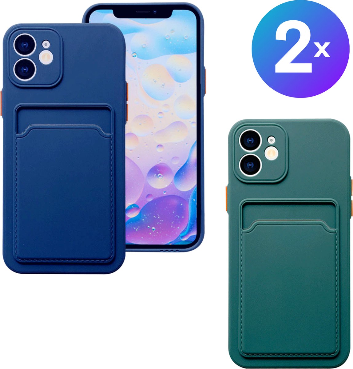 Set van 2 Hoesjes - Geschikt voor Apple iPhone 12 - Stevig TPU Hoesje - Met Kaarthouder - Groen & Donkerblauw - Shockproof Case met Pasjeshouder - TPU Hoes Met Vakje Voor Pasje - Card Case Back Cover