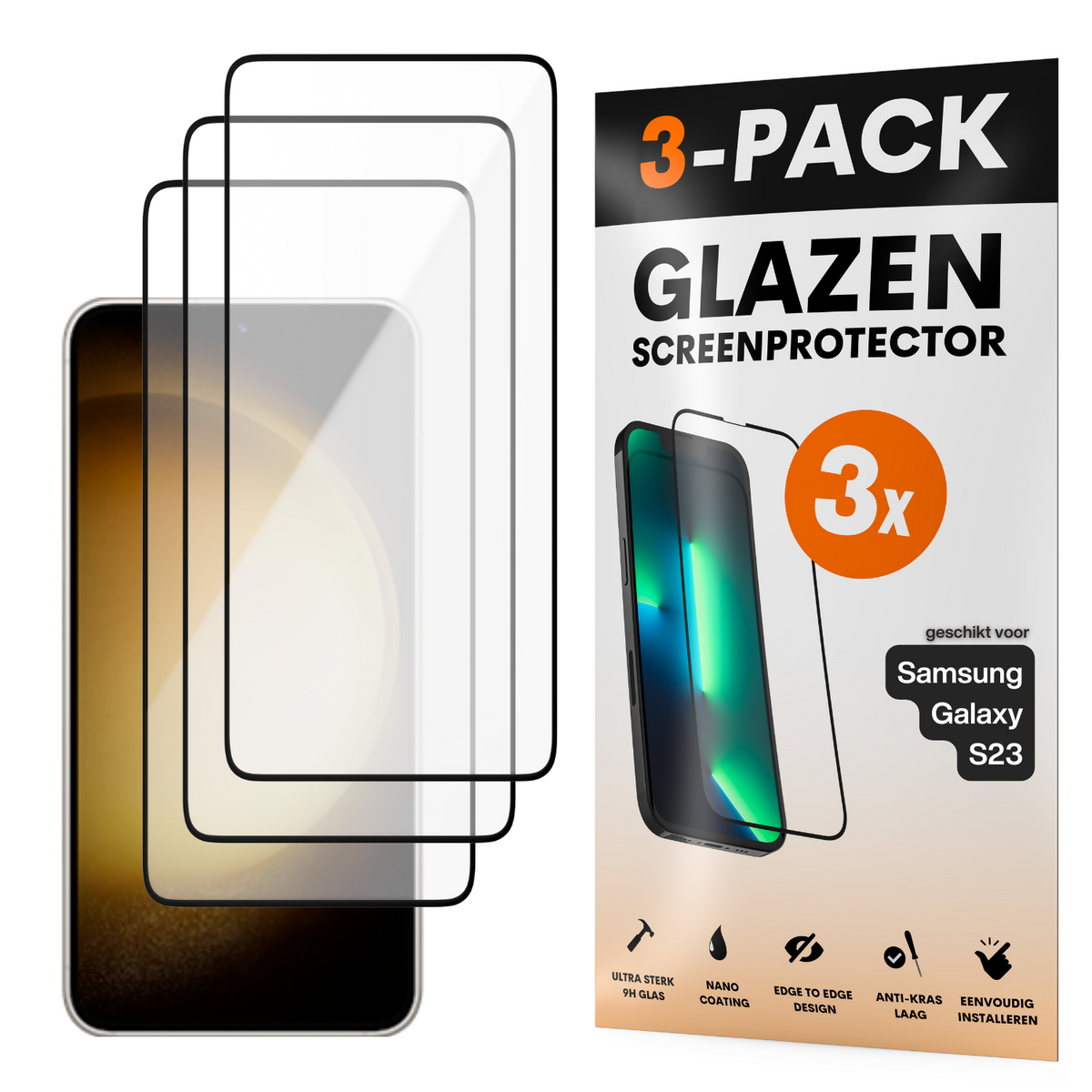 Screenprotector - Geschikt voor Samsung Galaxy S23 - Gehard Glas - Full Cover Tempered Glass - Case Friendly - 3 Pack