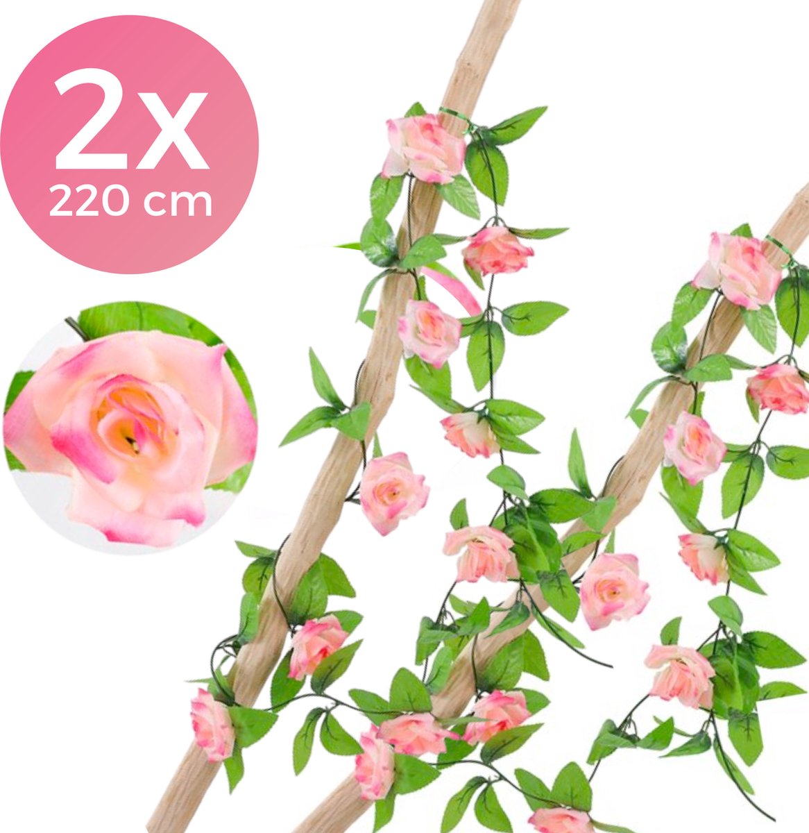 2 Stuks - Bloemenslinger Fiets Rozen Roze 4,5 Meter - 2x 220 Centimeter - Stijlvolle Bloemenstreng voor Fietsmand, Stuur, Balkon of Interieur - Rozen Bloemen - Plastic Kunstbloemen Fiets Slinger - Klimop met Rozen