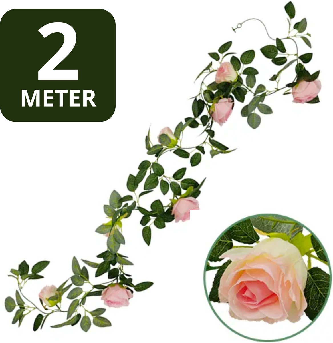 Luxe Bloemenslinger Roos - Realistische Roze Rozen - Grote Stijlvolle Bloemenstreng - Voor Interieur, Fietsmand of Stuur - 200 CM Bloemen Roze - Plastic Kunstbloemen Fiets Slinger Tak