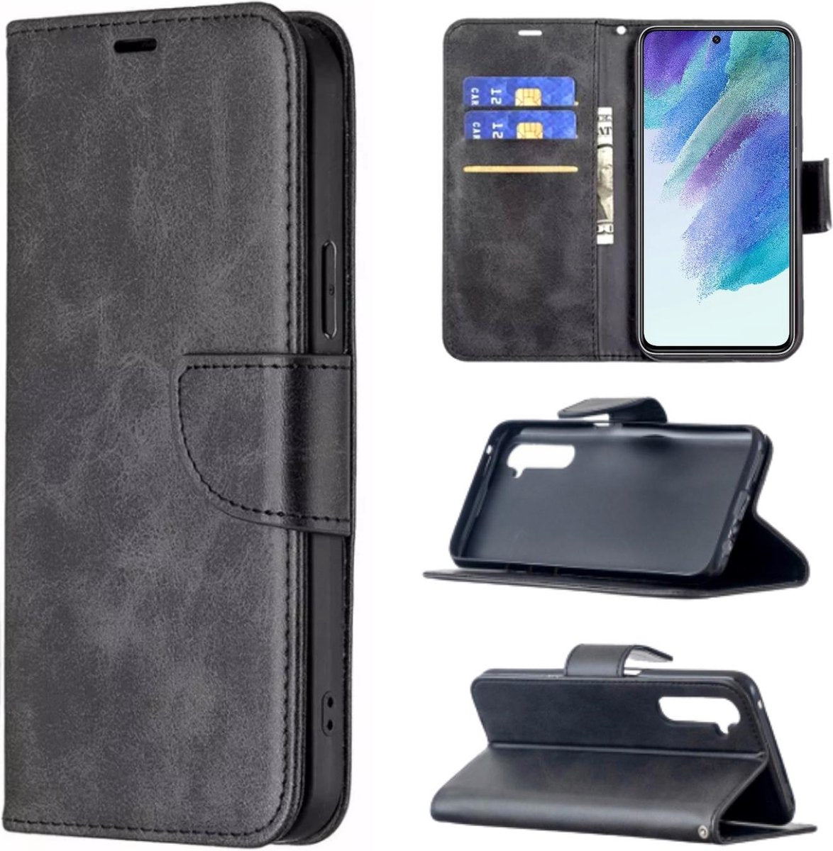 Hoesje Zwart - Geschikt voor Samsung Galaxy S21 FE - Portemonnee Book Case - Boekje Met Kaarthouder / Pasjeshouder en Magneetsluiting - Booklet - Wallet Beschermhoes Kunstleer - Voor S21FE
