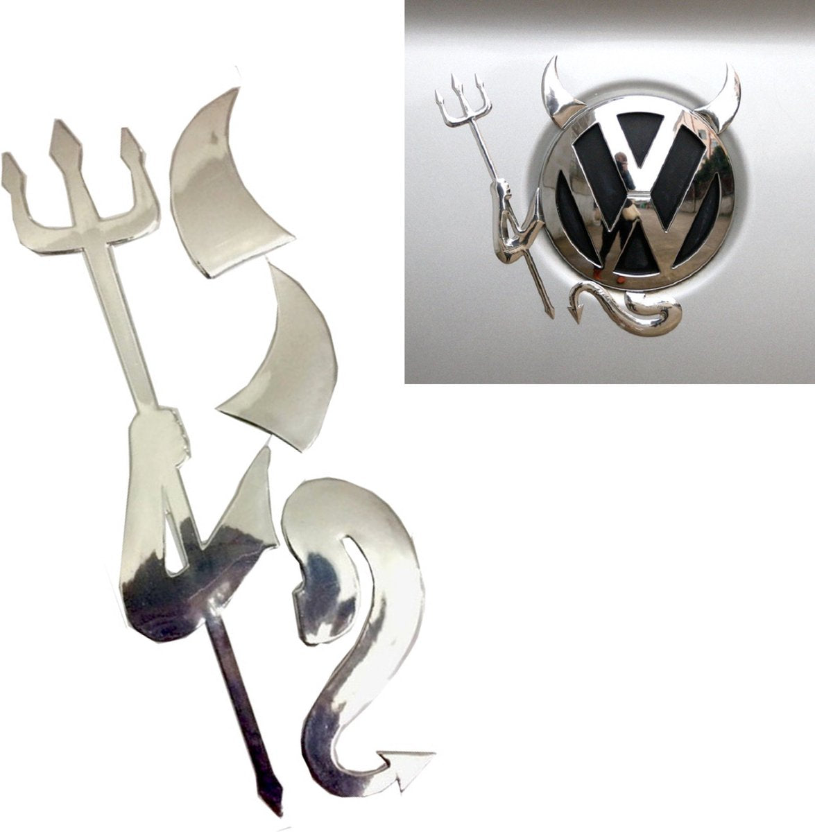 Auto Duivel Logo - Zilver Chroom - Alle Automerken / Universeel - Zelfklevend - Grappig Embleem - Tuning - Auto Accessoires