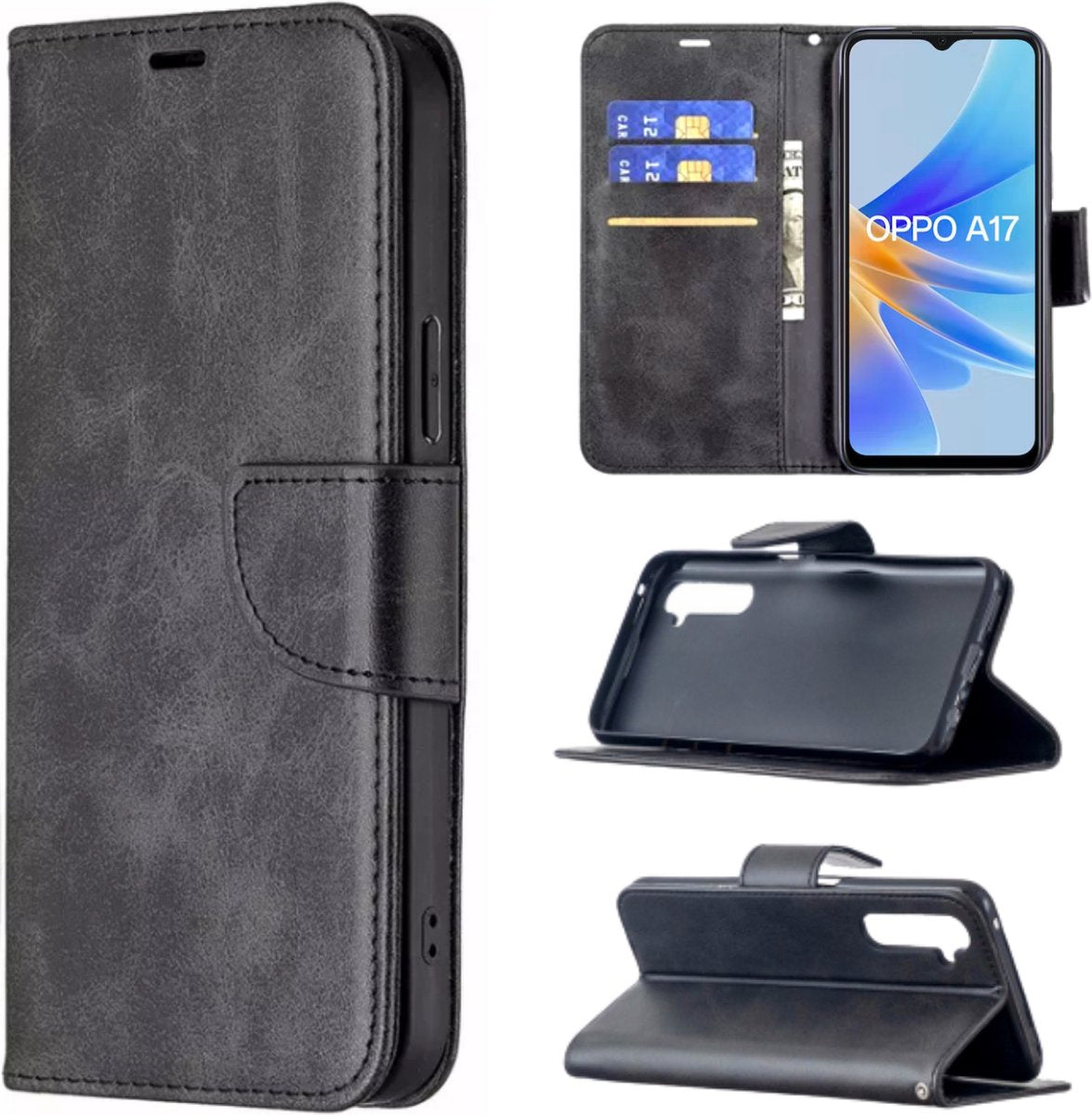 Hoesje Zwart - Geschikt voor OPPO A17 - Portemonnee Book Case - Boekje Met Kaarthouder / Pasjeshouder en Magneetsluiting - Booklet Beschermhoes - Boekhoesje met Draagkoord