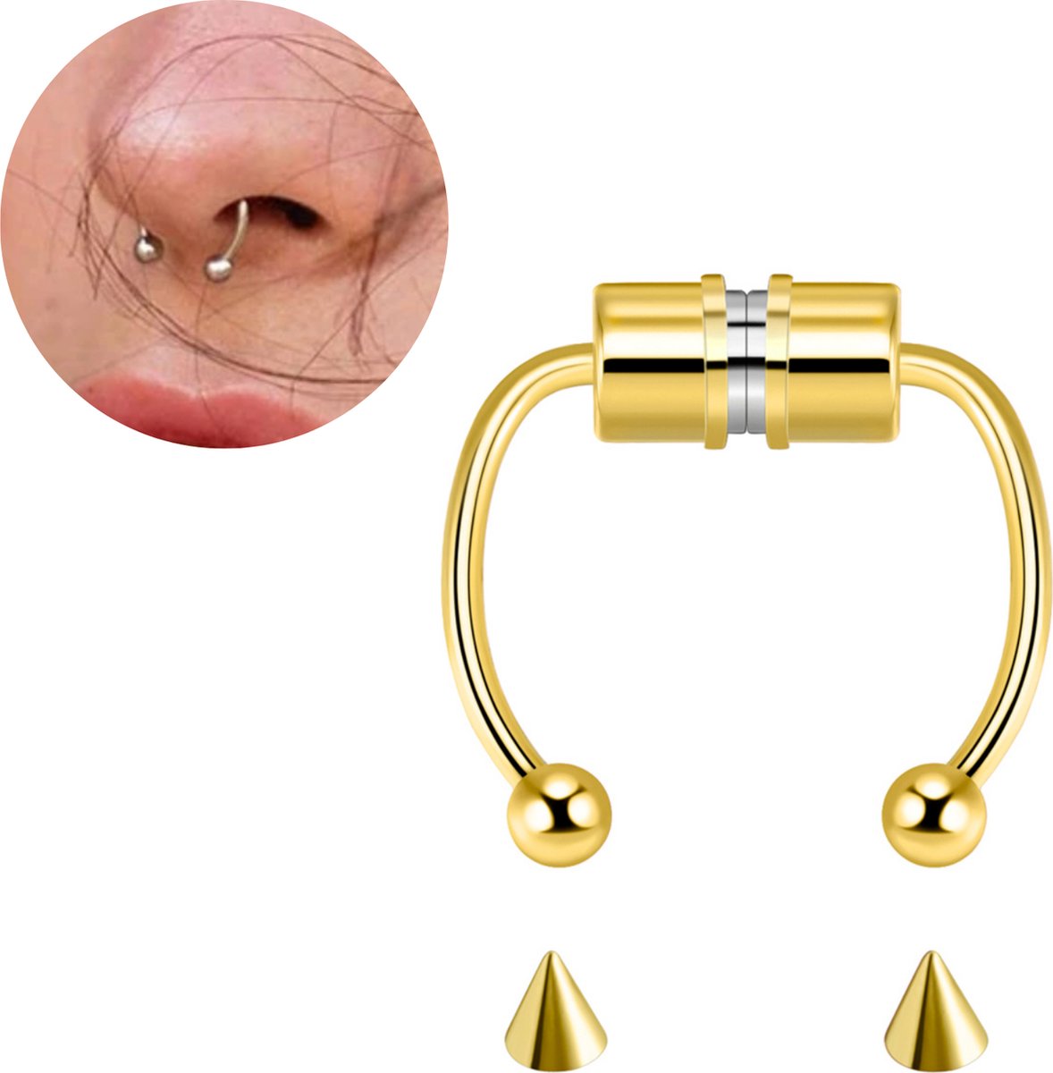 Fake Neuspiercing Goud - Magnetisch - 4 Verwisselbare Opzetstukjes - Neusring - Nep Septum Piercing - Ringetje Goudkleurig - RVS Roestvrij Staal