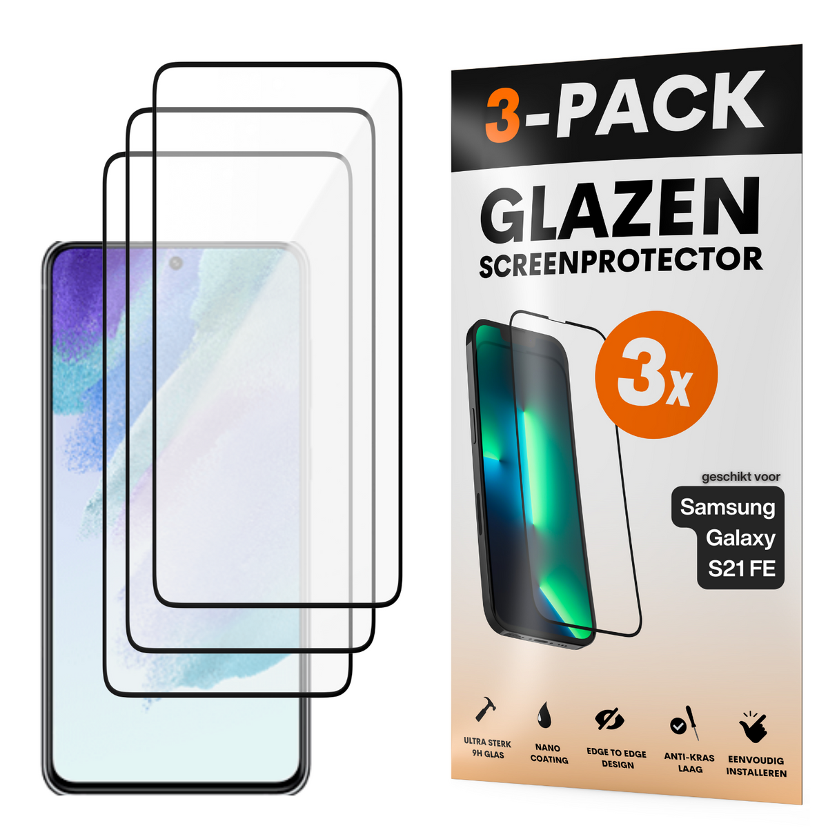 Screenprotector - Geschikt voor Samsung Galaxy S21 FE - Gehard Glas - Full Cover Tempered Glass - Case Friendly - 3 Pack