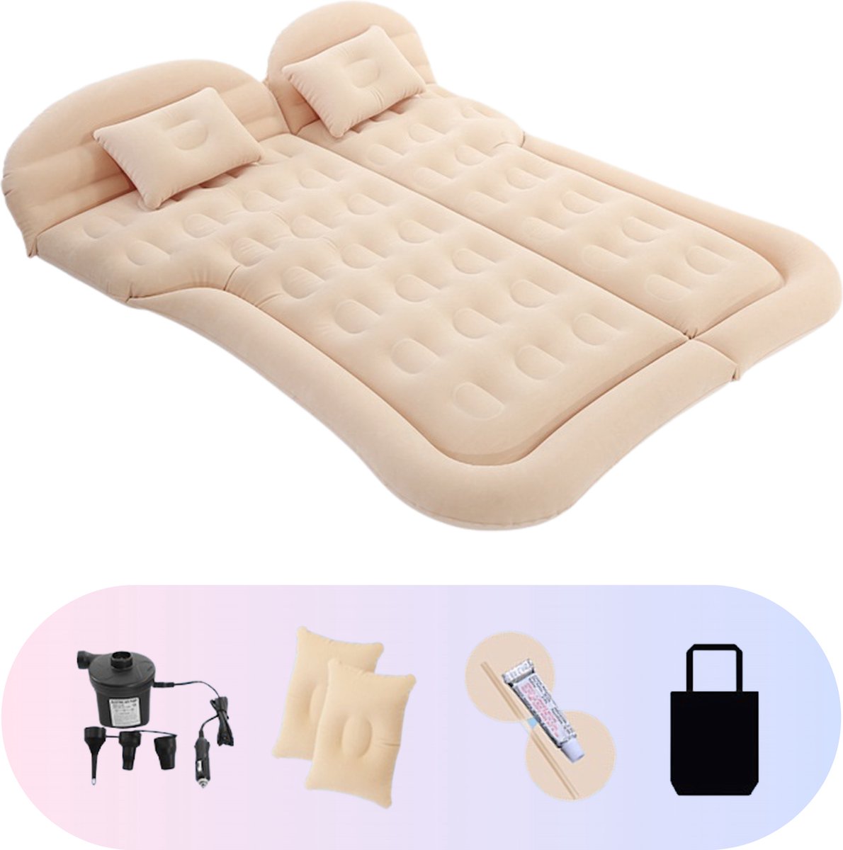 Opblaasbaar Auto Matras - Auto Luchtbed Beige - Achterbank en Achterbak - Tweepersoons 3-in-1 Universeel Automatras - Inclusief Elektrische Pomp en Accessoires - Kampeer Luchtbed voor Reizen