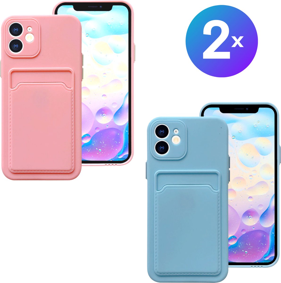 Set van 2 Hoesjes - Geschikt voor Apple iPhone 13 - Stevig TPU Hoesje - Met Kaarthouder - Lichtblauw & Roze - Shockproof Case met Pasjeshouder - TPU Hoes Met Vakje Voor Pasje - Card Case Back Cover