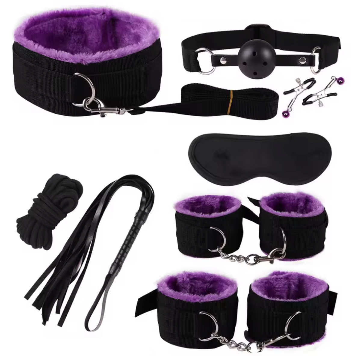 8-delige BDSM Sex Speeltjes Set - Erotische Bondage Set met Vibrator, Handboeien, Zweep, Masker en Meer - Volwassen Speelgoed voor BDSM Spelletjes en Intiem Spel - Paars