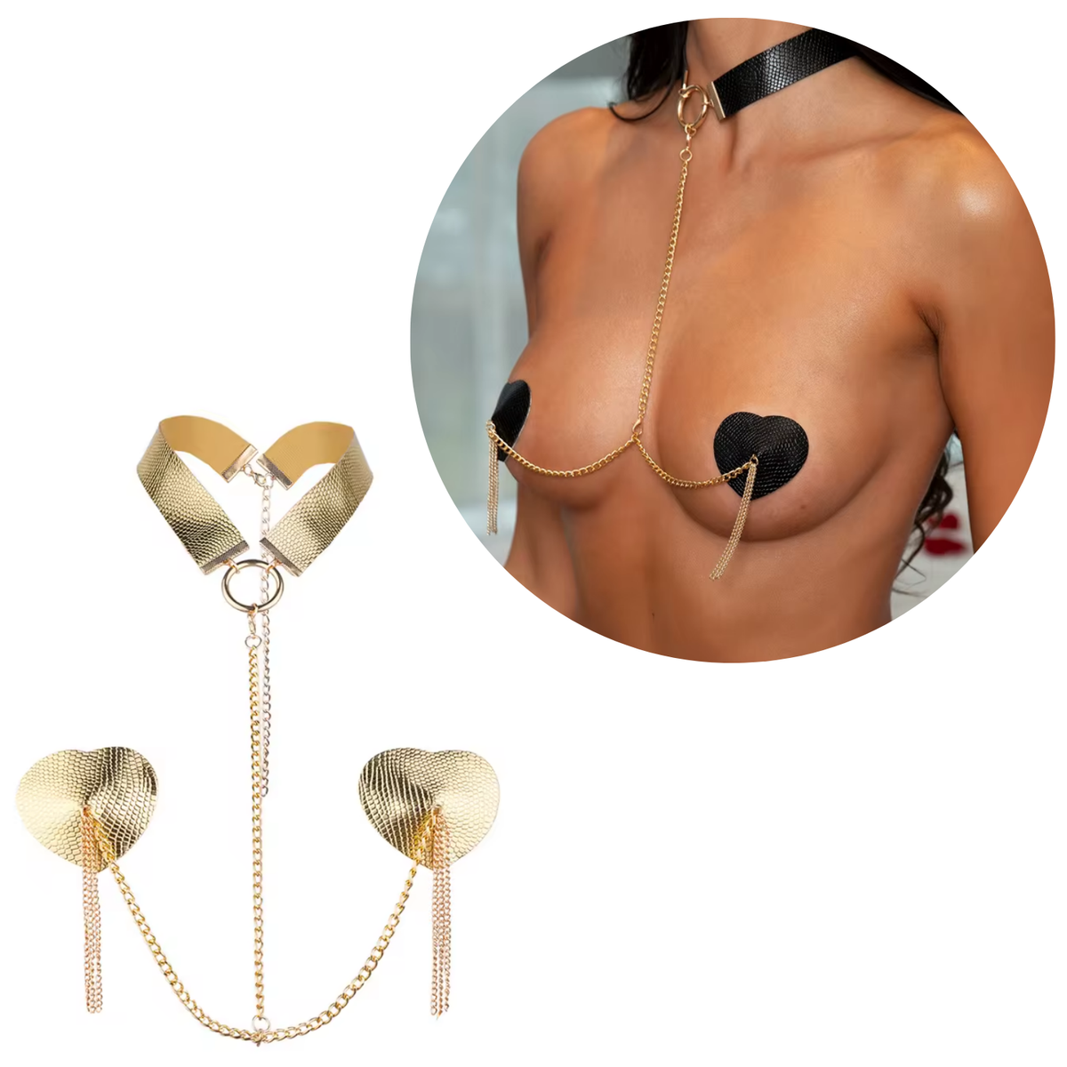 Sexy Tepel Covers voor Vrouwen - Hartvormige Nipple Covers met Choker en Ketting - Verleidelijke Tepelstickers - Tepelplakkers - Goud - One Size