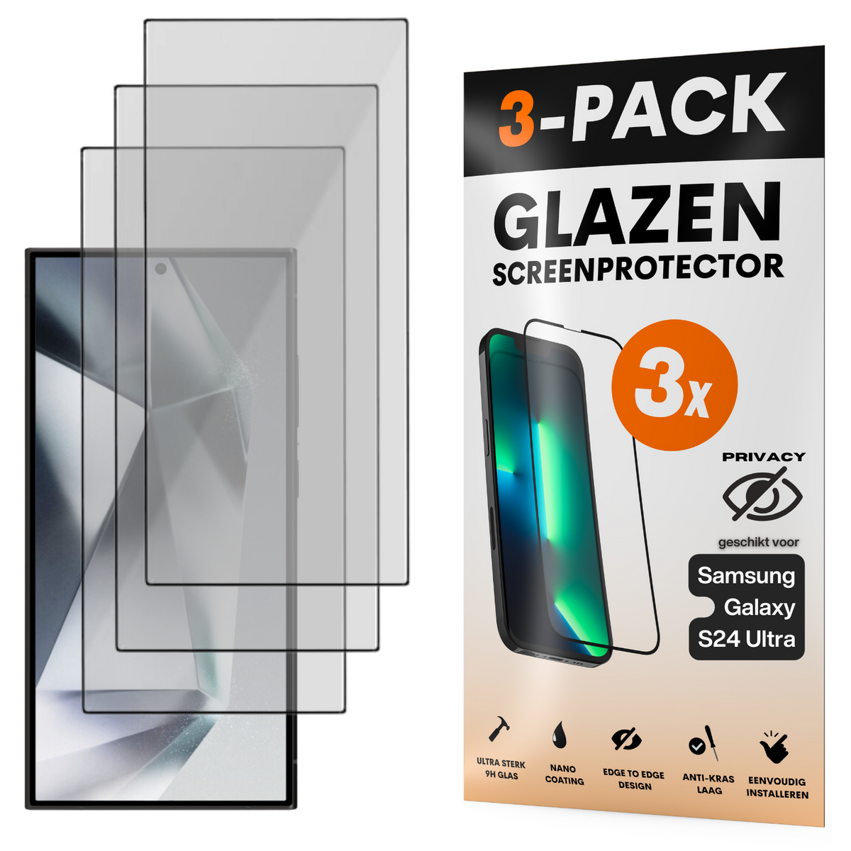 Privacy Screenprotector - Geschikt voor Samsung Galaxy S24 Ultra - Gehard Glas - Full Cover Tempered Privacy Glass - Case Friendly - 3 Pack