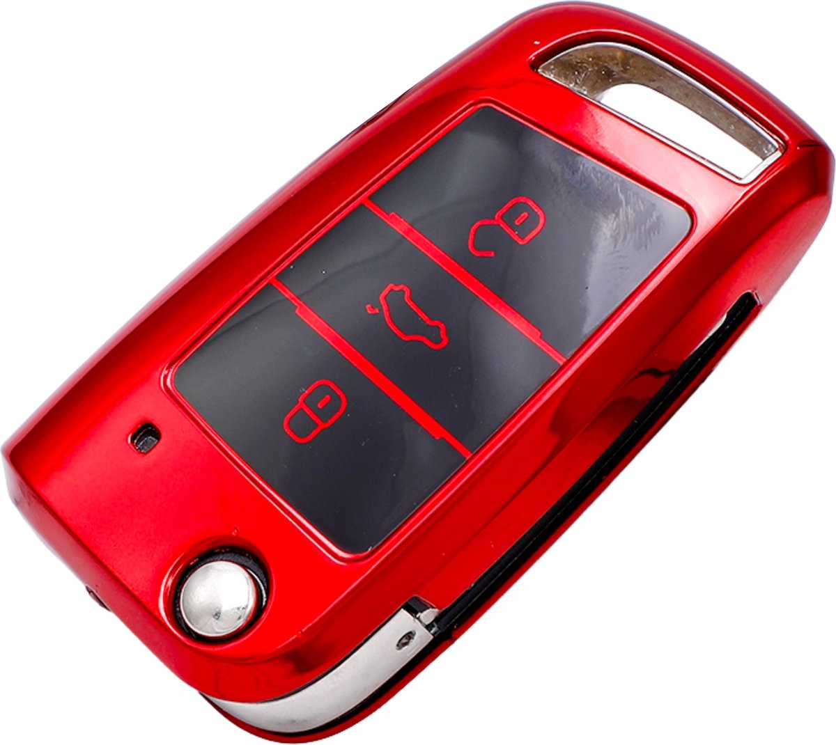 Zachte TPU Sleutelcover - Metallic Chroom Rood - Sleutelhoesje Geschikt voor Volkswagen Polo / Golf / 2014 - 2021 / Seat Leon / Seat Ibiza / Golf GTI / Golf R / Golf 7 / Skoda - Sleutel Hoesje Cover - Auto Accessoires