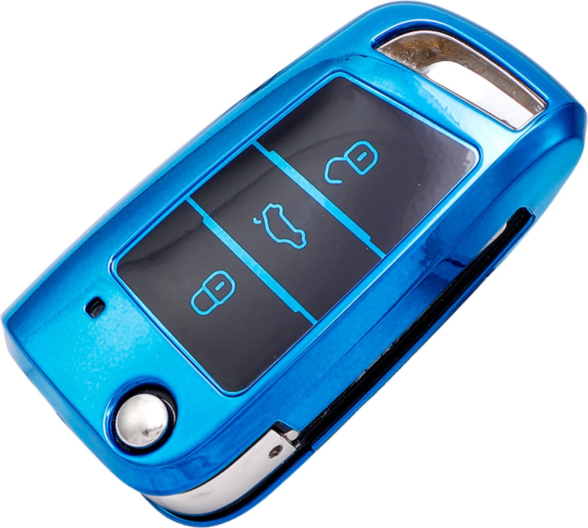 Zachte TPU Sleutelcover - Metallic Chroom Blauw - Sleutelhoesje Geschikt voor Volkswagen Polo / Golf / 2014 - 2021 / Seat Leon / Seat Ibiza / Golf GTI / Golf R / Golf 7 / Skoda - Sleutel Hoesje Cover - Auto Accessoires