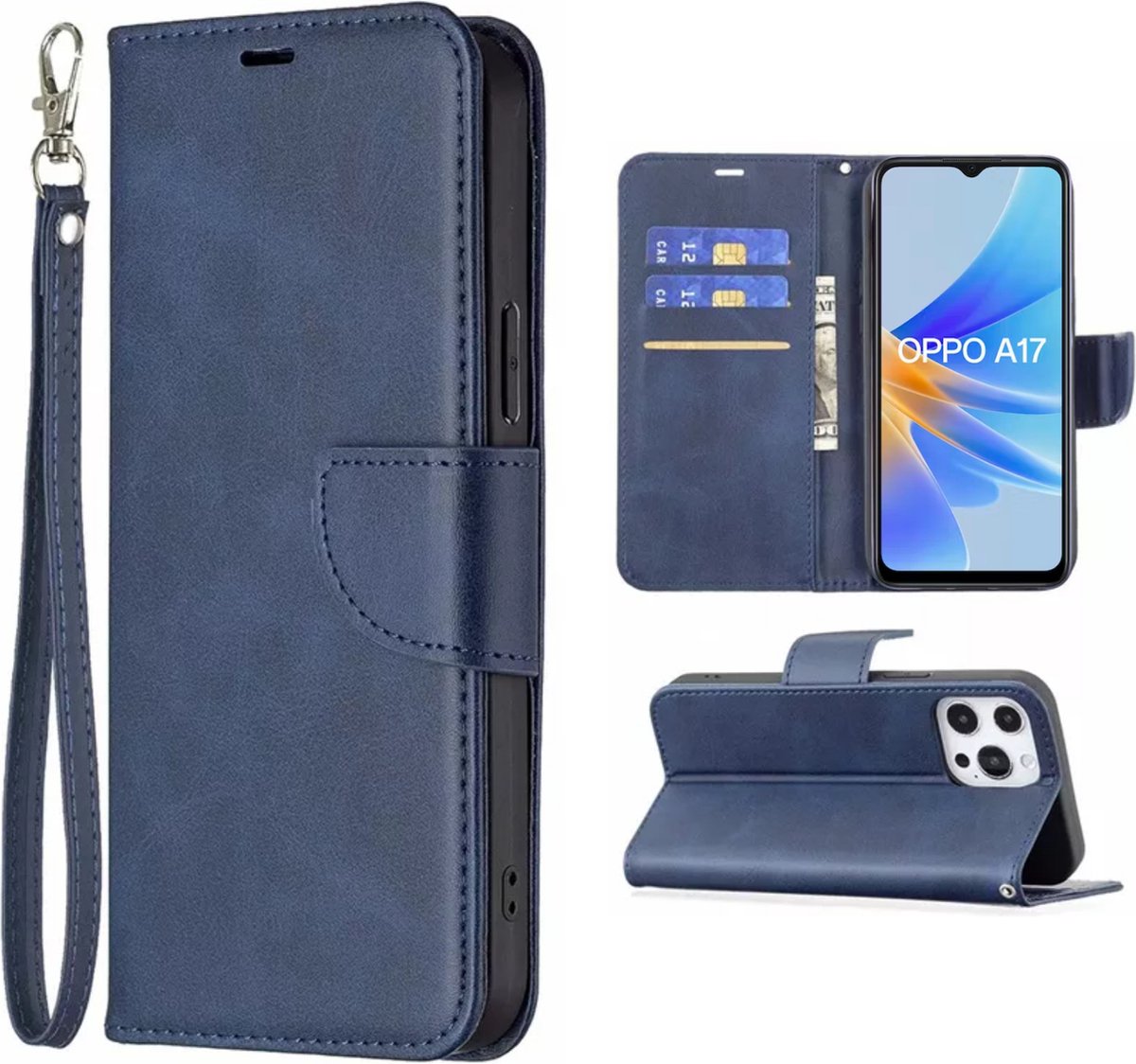 Hoesje Blauw - Geschikt voor OPPO A17 - Portemonnee Book Case - Boekje Met Kaarthouder / Pasjeshouder en Magneetsluiting - Booklet Beschermhoes - Boekhoesje met Draagkoord