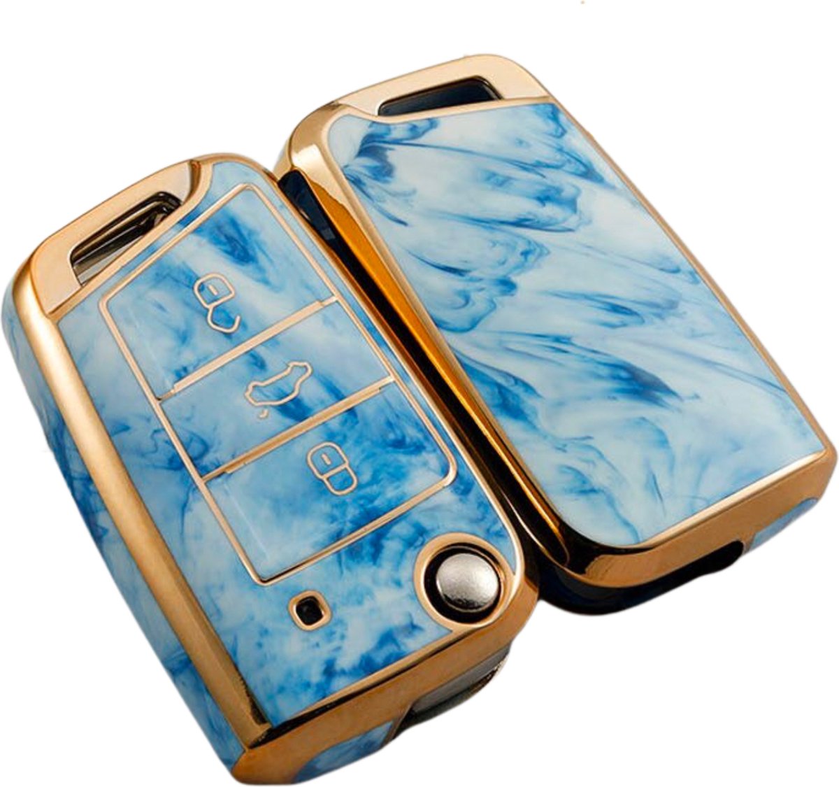 Zachte TPU Sleutelcover - Marmer Blauw Goud - Sleutelhoesje Geschikt voor Volkswagen Polo / Golf / 2014 - 2021 / Seat Leon / Seat Ibiza / Golf GTI / Golf R / Golf 7 / Skoda - Sleutel Hoesje Cover - Auto Accessoires