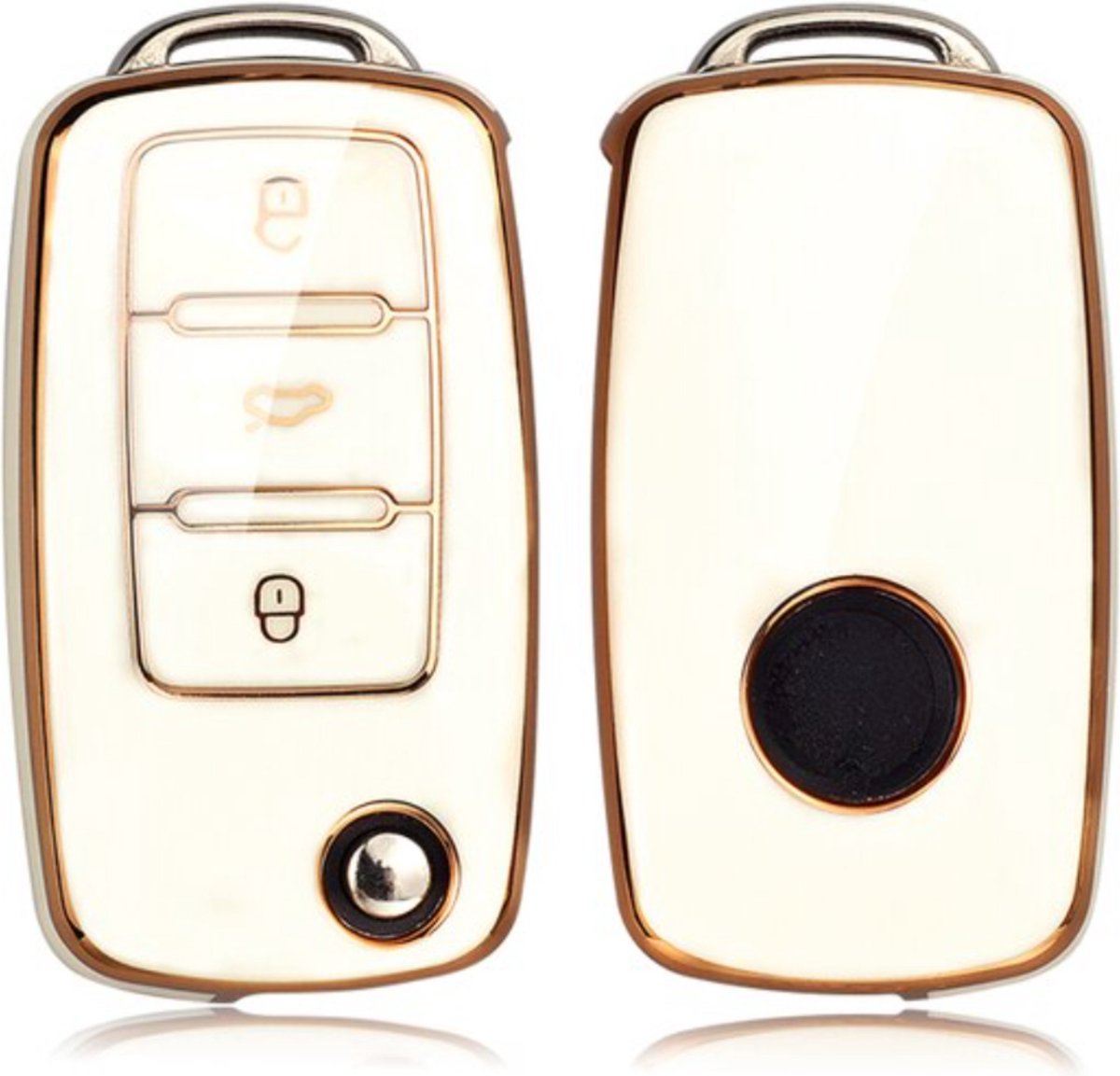 Zachte TPU Sleutelcover - Wit Metallic - Sleutelhoesje Geschikt voor Volkswagen Golf / Polo / Tiguan / Up / Passat / Seat Leon / Skoda Citigo - Sleutel Hoesje Cover - Randen Goud - Auto Accessoires