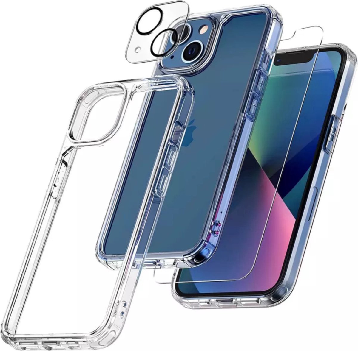 3 in 1 Set Geschikt voor iPhone 14 - Transparant Hoesje + Screenprotector + Cameraprotector - Doorzichtige Shockproof TPU Case - Tempered Glass Screen Protector - Glazen Camerabeschermer - Set van 3 Delen