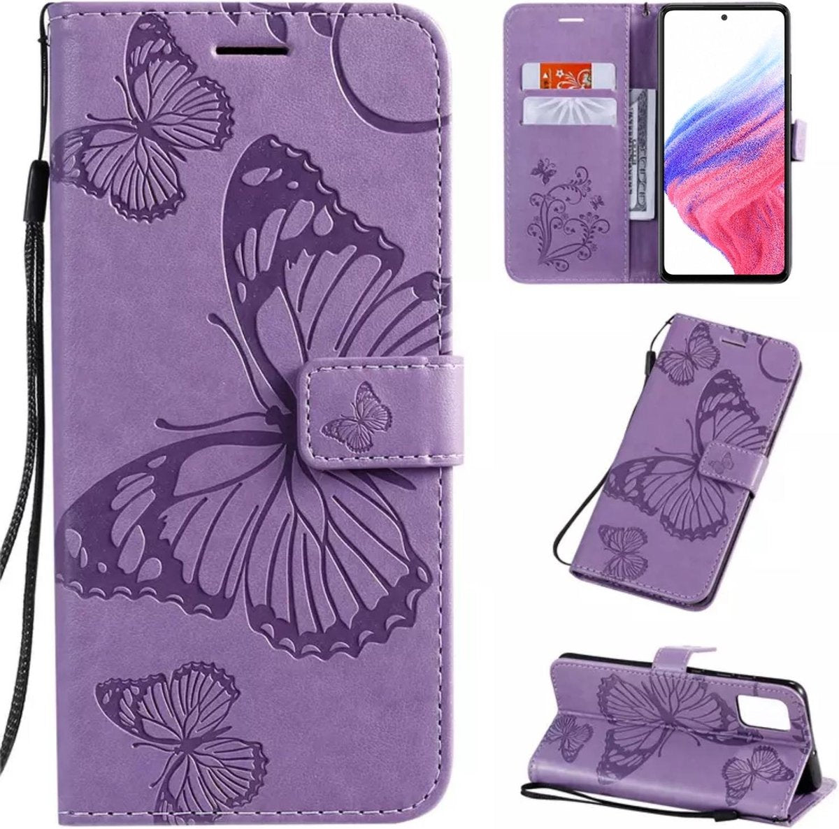 Hoesje Vlinders Paars - Geschikt voor Samsung Galaxy A53 5G - Portemonnee Book Case - Boekje Met Kaarthouder / Pasjeshouder en Magneetsluiting - Booklet Beschermhoes voor Pasjes