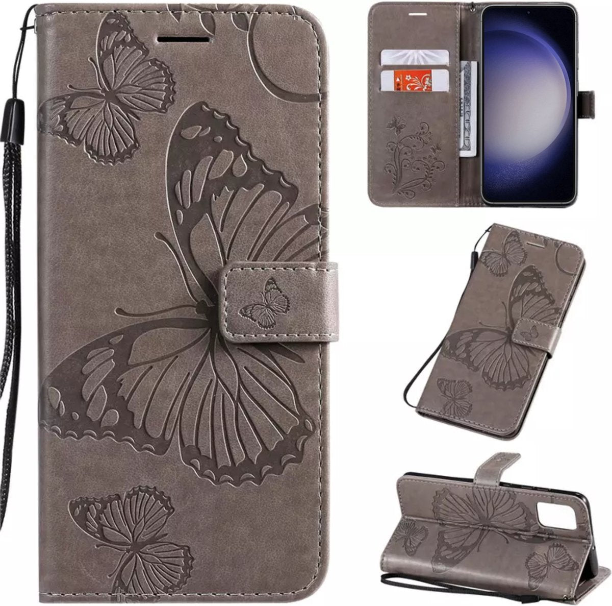 Hoesje Vlinders Grijs - Geschikt voor Samsung Galaxy S23 S23+ / S23 Plus - Portemonnee Book Case - Boekje Met Kaarthouder / Pasjeshouder en Magneetsluiting - Booklet - Wallet Beschermhoes - Telefoonhoesje
