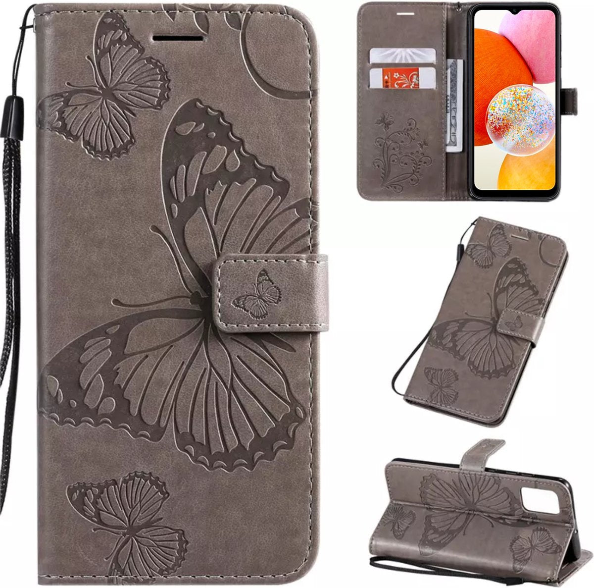 Hoesje Vlinders Grijs - Geschikt voor Samsung Galaxy A14 - Portemonnee Book Case - Boekje Met Kaarthouder / Pasjeshouder en Magneetsluiting - Booklet - Wallet Beschermhoes - Telefoonhoesje