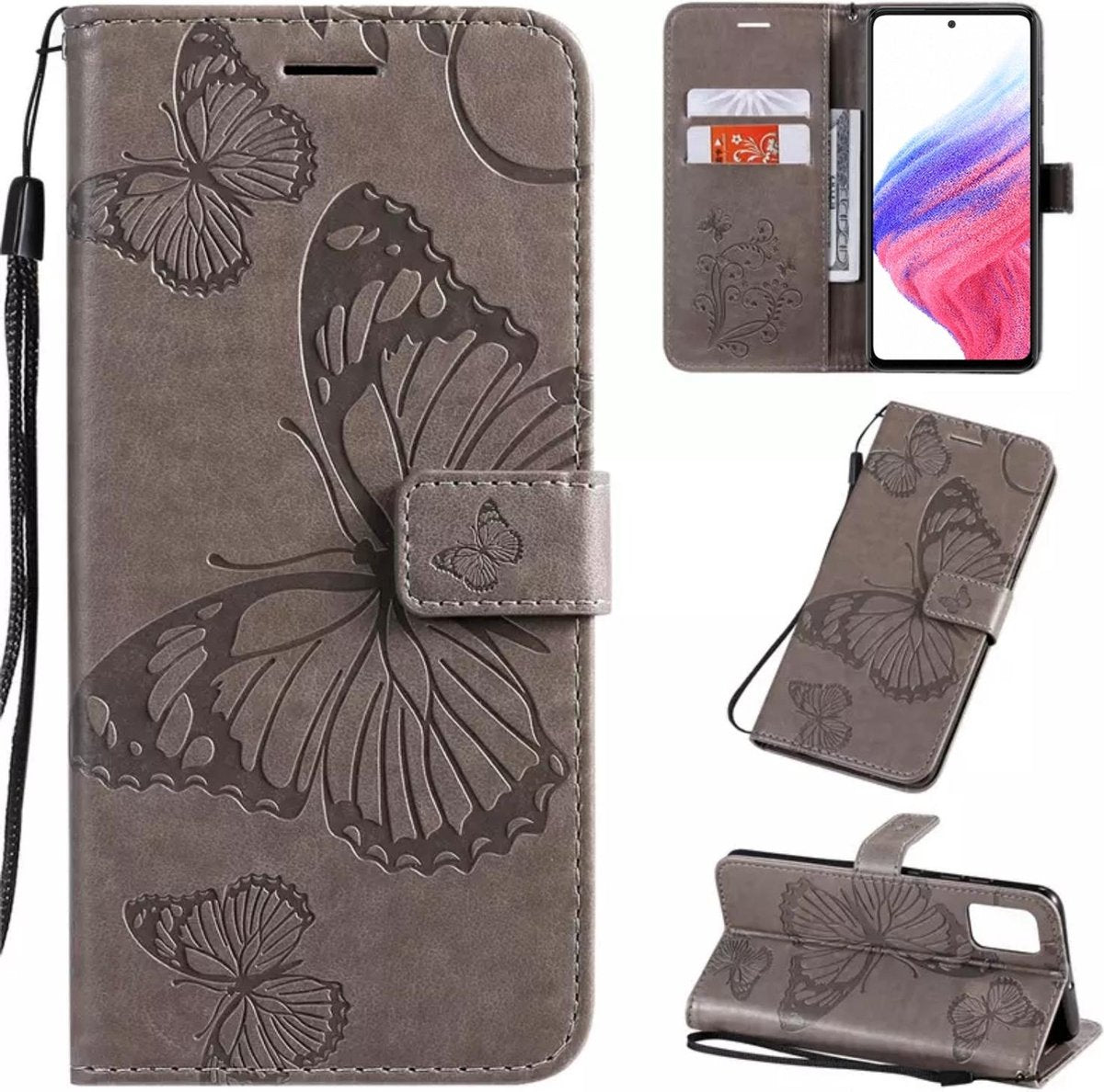 Hoesje Vlinders Grijs - Geschikt voor Samsung Galaxy A53 5G - Portemonnee Book Case - Boekje Met Kaarthouder / Pasjeshouder en Magneetsluiting - Booklet Beschermhoes voor Pasjes