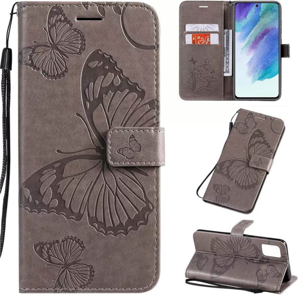 Hoesje Vlinders Grijs - Geschikt voor Samsung Galaxy S21 FE - Portemonnee Book Case - Boekje Met Kaarthouder / Pasjeshouder en Magneetsluiting - Booklet - Wallet Beschermhoes Kunstleer - Voor S21FE