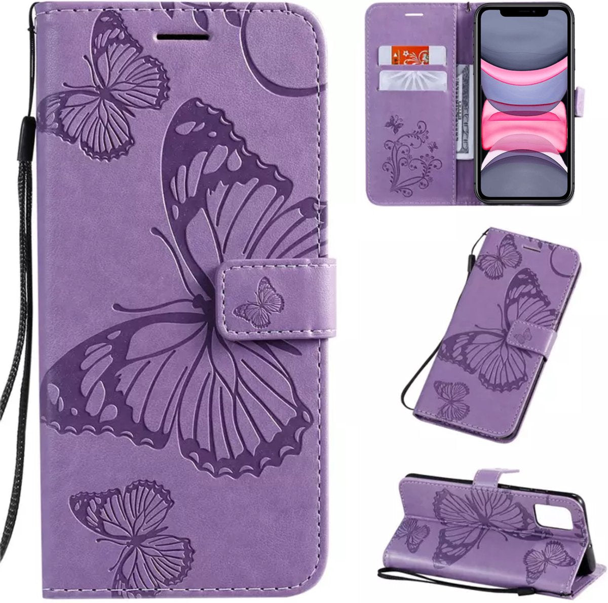 Hoesje Vlinders Paars - Geschikt voor Apple iPhone 11 - Portemonnee Book Case - Boekje Met Kaarthouder / Pasjeshouder en Magneetsluiting - Booklet Beschermhoes - Boekhoesje met Draagkoord