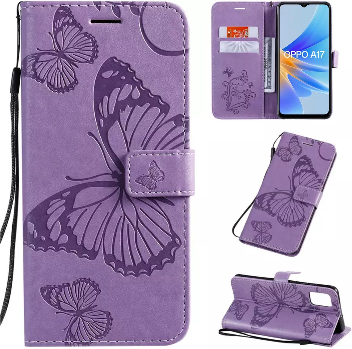 Hoesje Vlinders Paars - Geschikt voor OPPO A17 - Portemonnee Book Case - Boekje Met Kaarthouder / Pasjeshouder en Magneetsluiting - Booklet Beschermhoes - Boekhoesje met Draagkoord