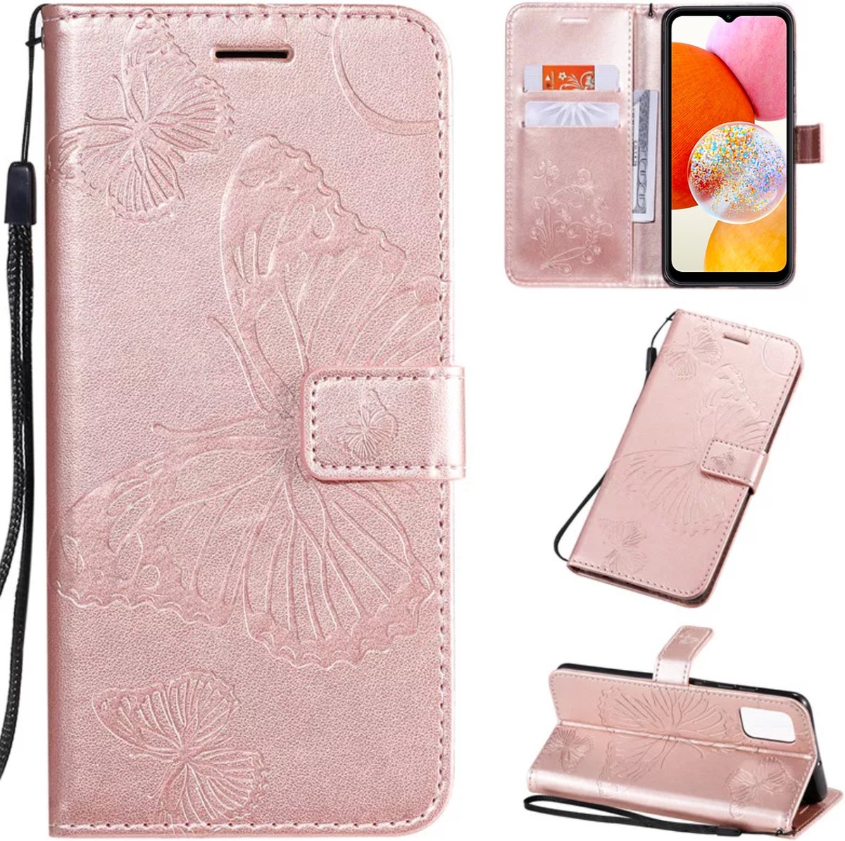 Hoesje Vlinders Roze - Geschikt voor Samsung Galaxy A14 - Portemonnee Book Case - Boekje Met Kaarthouder / Pasjeshouder en Magneetsluiting - Booklet - Wallet Beschermhoes - Telefoonhoesje