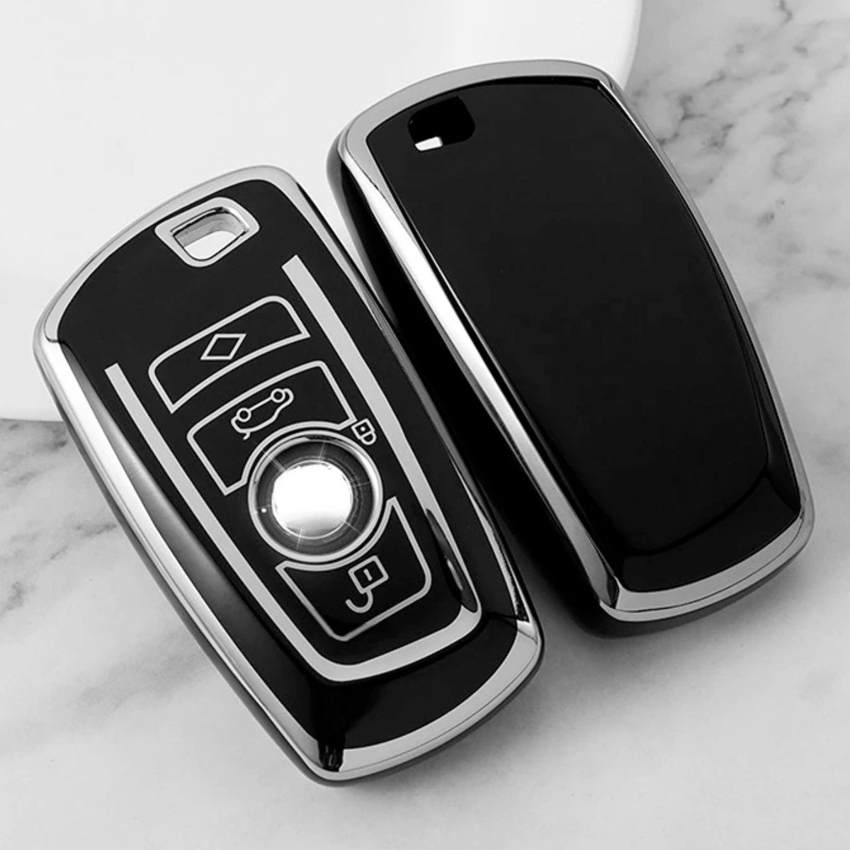 Zachte TPU Sleutelcover - Zwart Zilver Metallic - Sleutelhoesje Geschikt voor BMW 1 serie / 3 serie / 5 Serie / 7 Serie / X1 / X3 / X4 / X5 / F20 / F30 / F31 / F34 / M - Flexibele Sleutel Cover - Sleutel Hoesje - Auto Accessoires