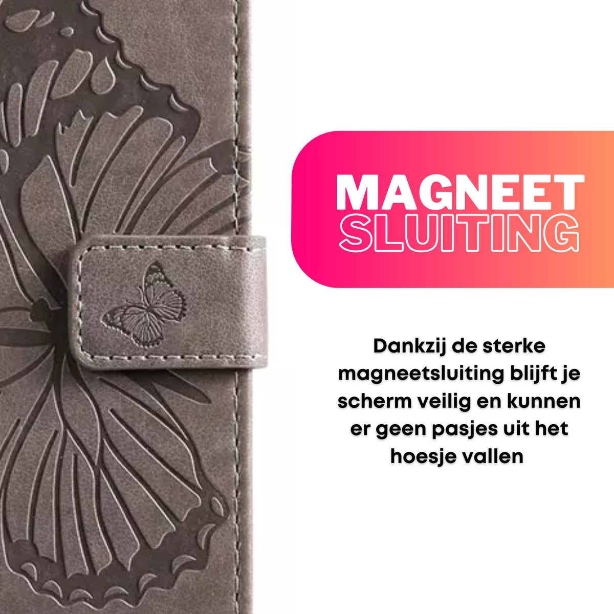 Hoesje Vlinders Grijs - geschikt voor Apple iPhone 13 / 14 - Portemonnee Book Case - Boekje Met Kaarthouder / Pasjeshouder en Magneetsluiting - Booklet Beschermhoes - Boekhoesje met Draagkoord