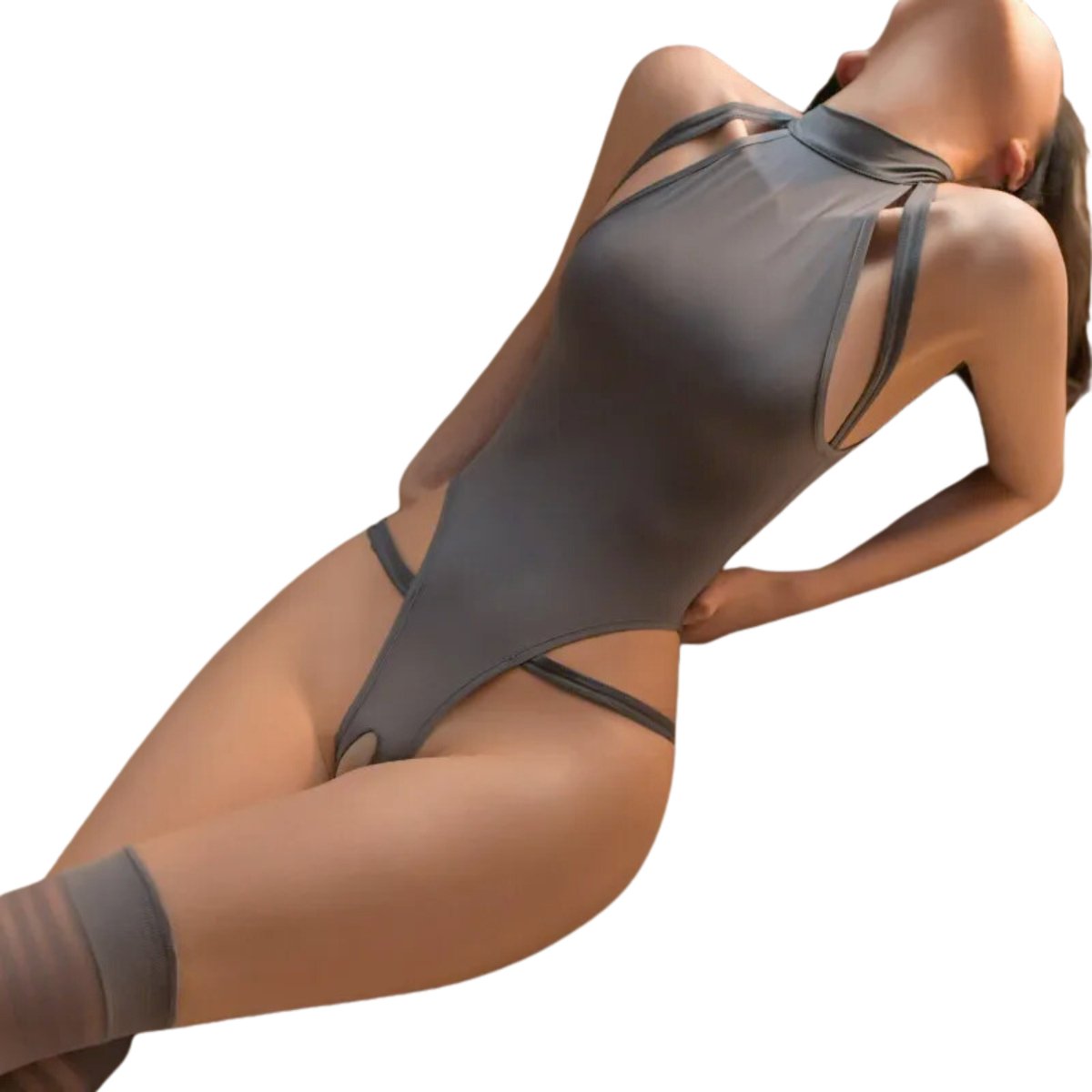 Sexy Bodysuit met Open Kruis - Grijs - Elastische Bodysuit - Zilveren Ring Detail - One Size