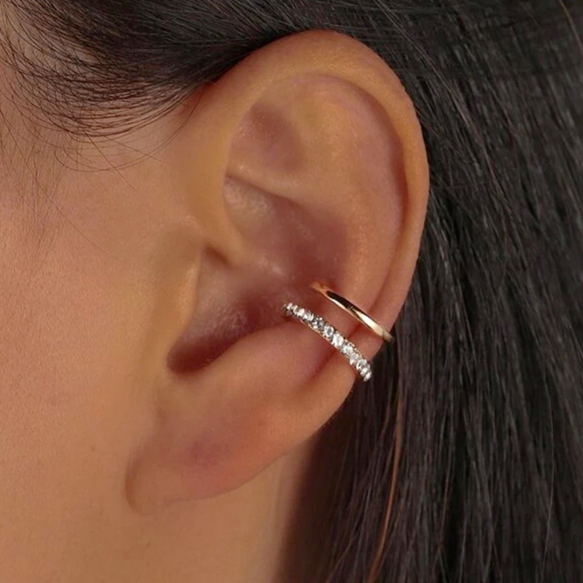 Fake Helix Zilver - Dubbel - Diamantjes - Nep Piercing - Klem Oorbel Oorpiercing - Nep Helix - Ringetje Zilver - Metaal