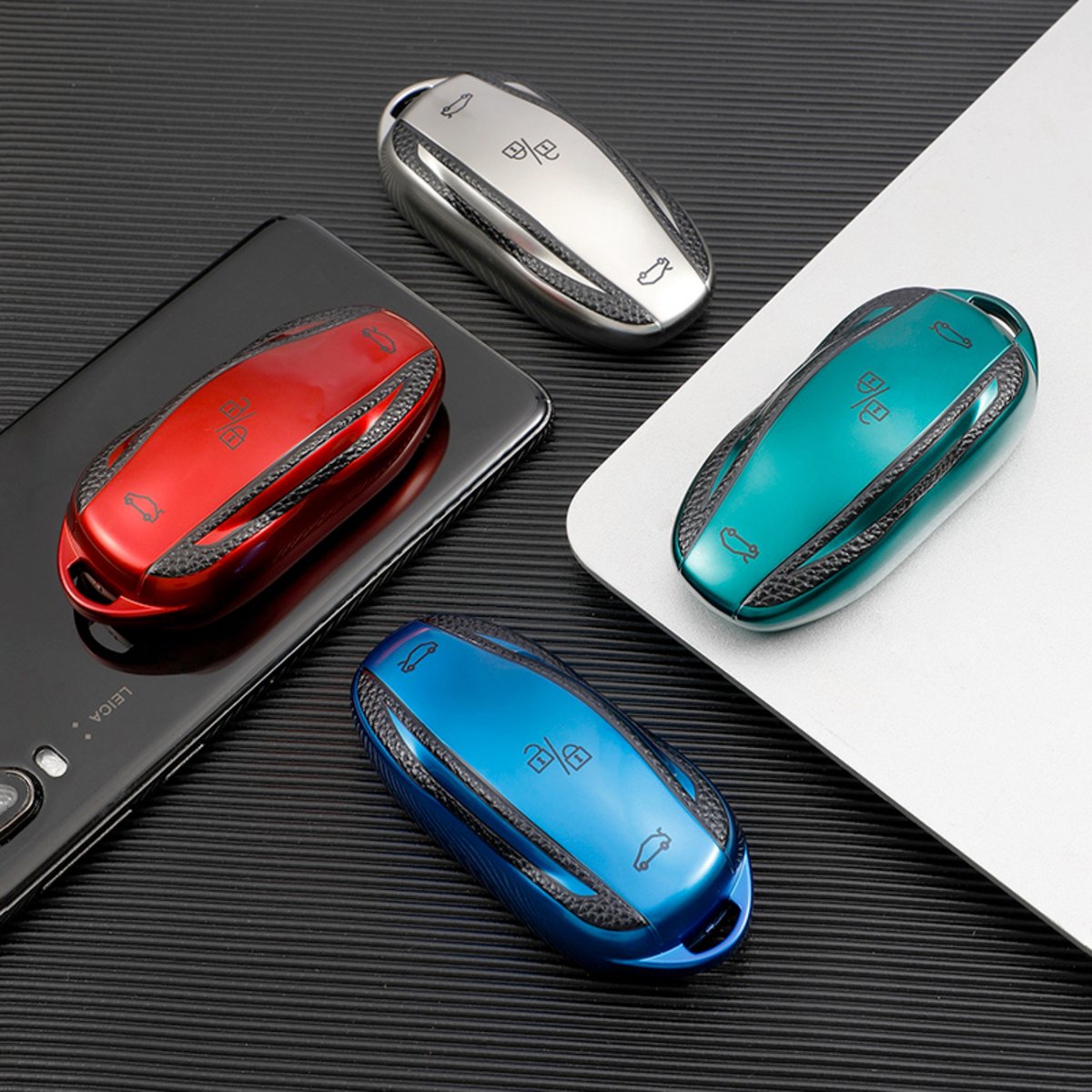 TPU Sleutelcover - Sleutelhoesje Geschikt voor Tesla Model 3 / Model S / Model Y - Groen en Zwart Leer - Flexibele Sleutel Cover - Zacht Hoesje - Auto Accessoires