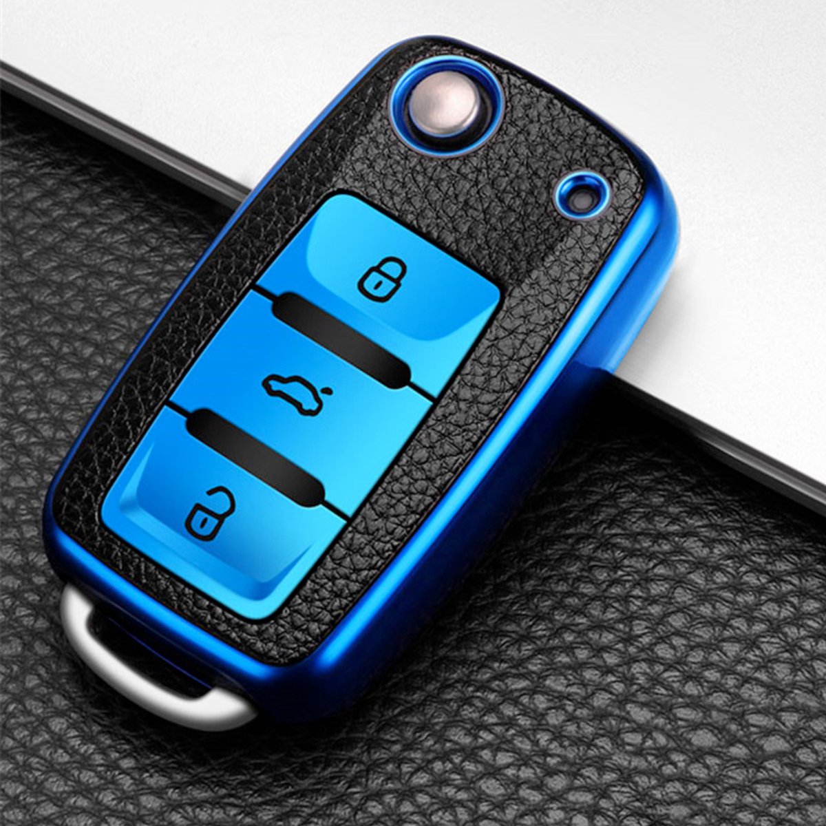TPU Sleutelcover - Sleutelhoesje Geschikt voor Volkswagen Golf / Polo / Tiguan / Up / Passat / Seat Leon / Skoda Citigo - Metallic Blauw en Zwart Leer - Flexibele Sleutel Cover - Zacht Hoesje - Auto Accessoires