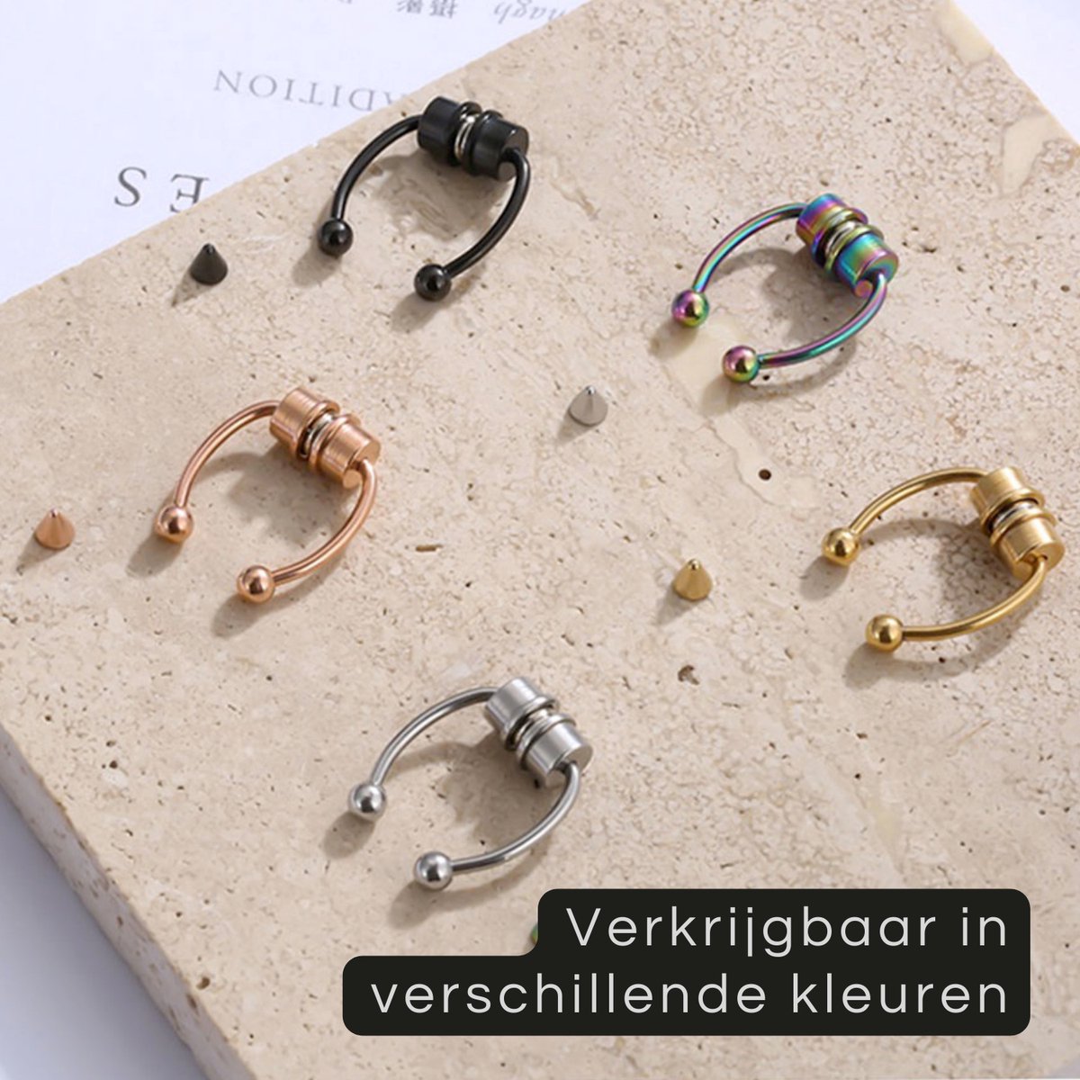 Fake Neuspiercing Rose Goud - Magnetisch - 4 Verwisselbare Opzetstukjes - Neusring - Nep Septum Piercing - Ringetje Rose Goud Kleurig - RVS Roestvrij Staal