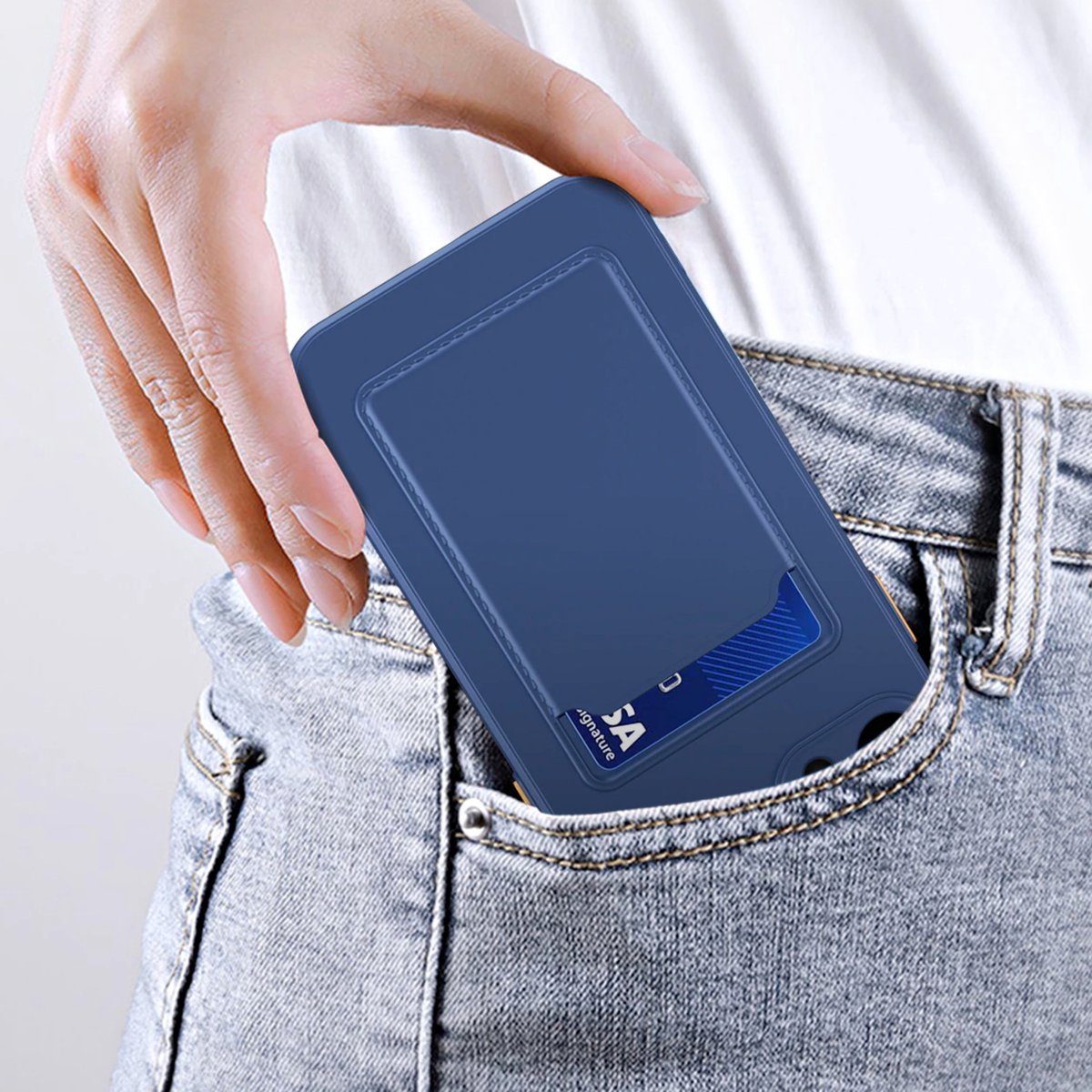 Stevig TPU Hoesje - Geschikt voor Apple iPhone 14 - Met Kaarthouder - Donkerblauw - Shockproof Case met Pasjeshouder - TPU Hoes Met Vakje Voor Pasje - Card Case Back Cover