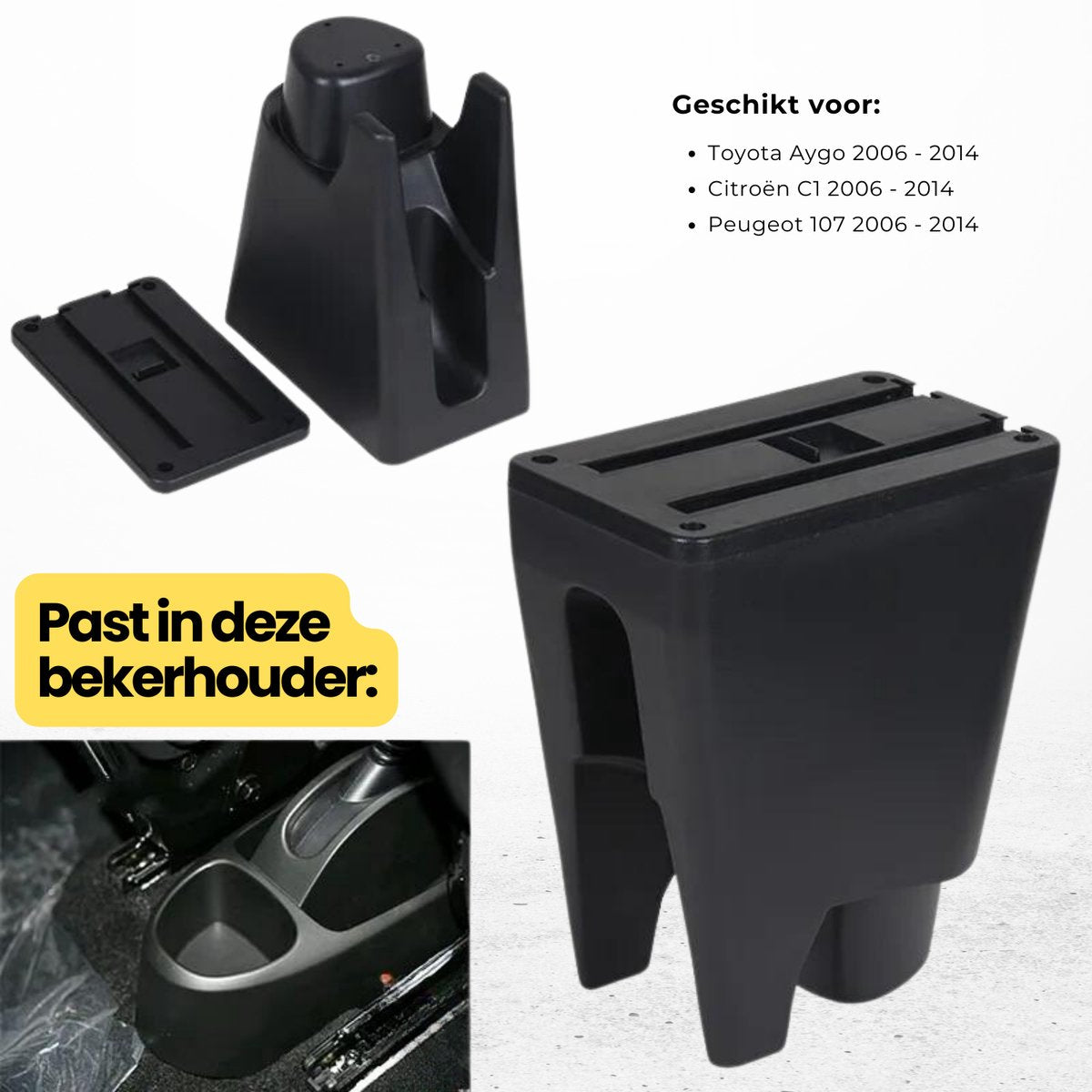 Multifunctionele Armsteun - Geschikt voor Toyota Aygo, Peugeot 107 en Citroen C1 (2005-2014) - 3 USB Aansluitingen - Opbergvakken - Past in Bekerhouder