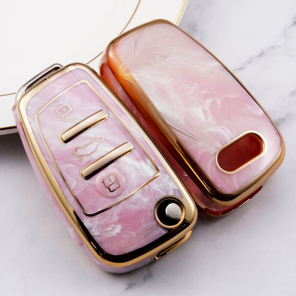 Zachte TPU Sleutelcover - Sleutelhoesje Geschikt voor Audi A1 / A3 / A5 / A6 / Q3 / Q5 / S3 / S5 / RS - Marmer Roze Goud - Sleutel Hoesje Cover - Auto Accessoires