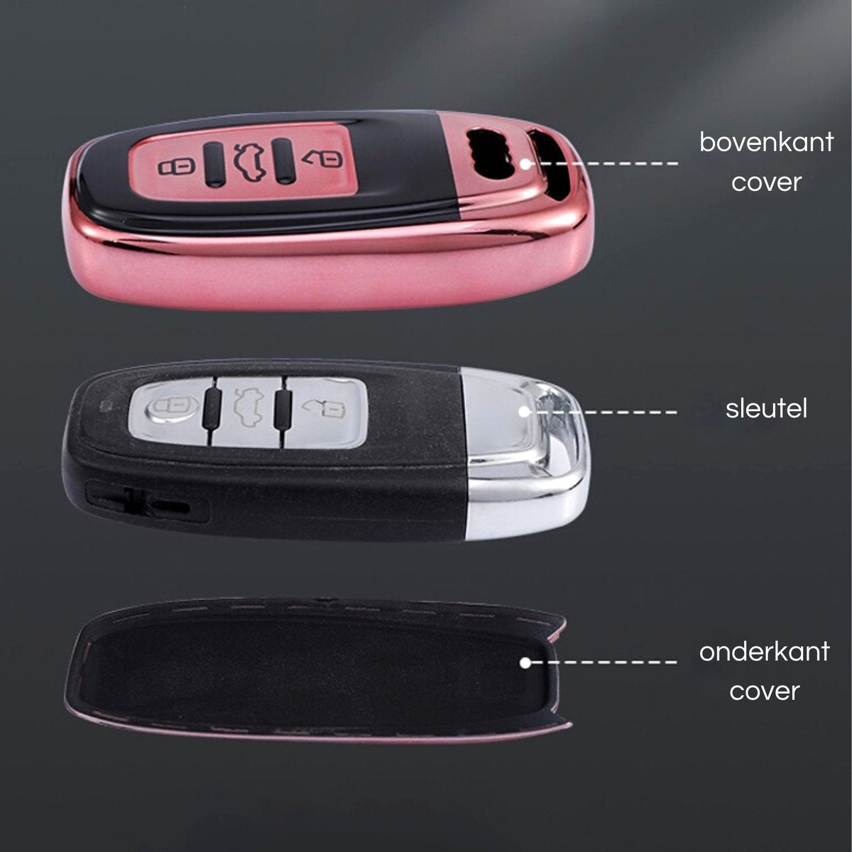 Zachte TPU Sleutelcover - Sleutelhoesje Geschikt voor Audi A1 / A3 / / A4 / A5 / A6 / A7 / A8 / Q3 / Q5 / Q7 / S5 / S6 - Metallic Roze met Zwart - Sleutel Hoesje Cover - Auto Accessoires