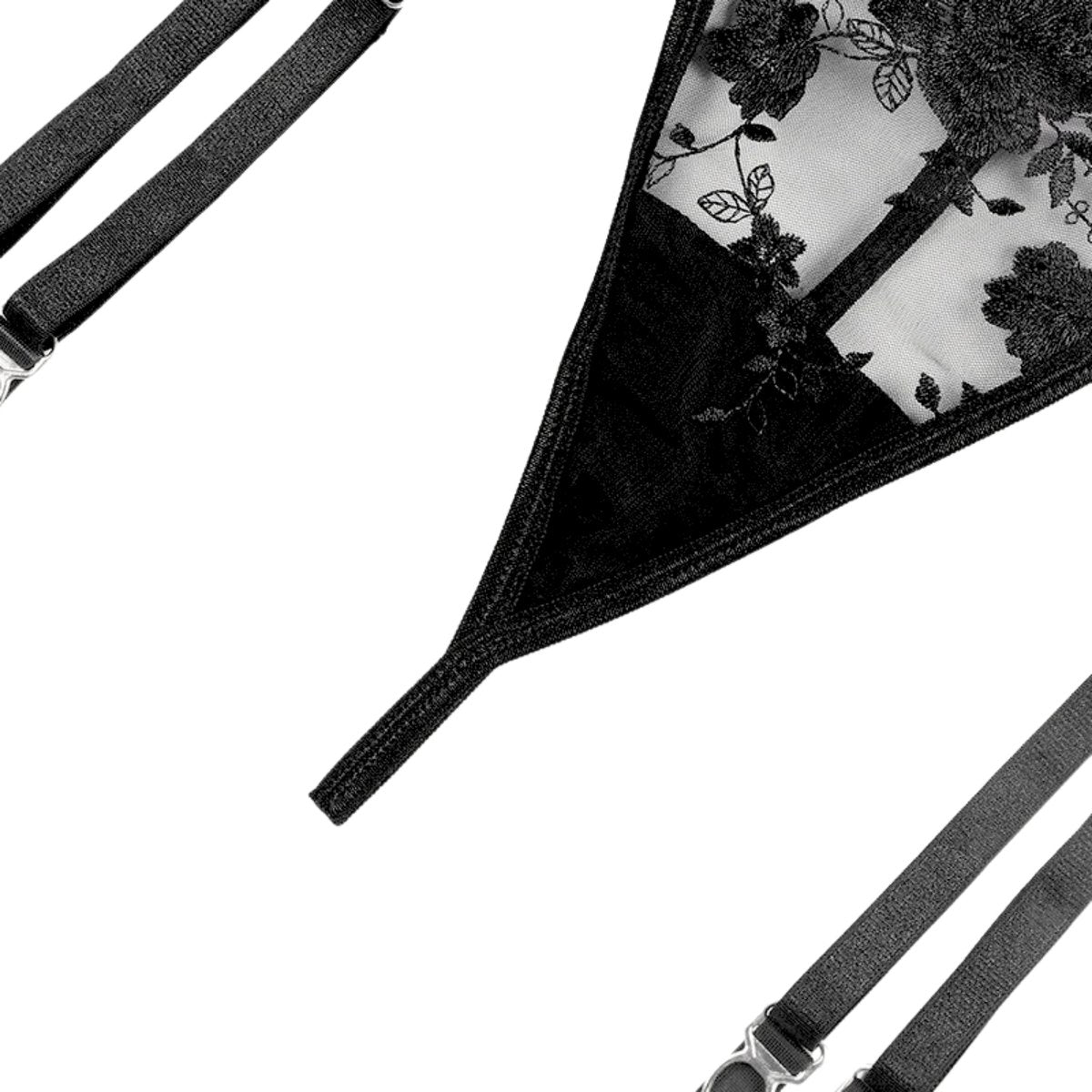 Set van String en Jarretelgordel - Zwart - met Kant en Rozen - Verstelbare Bandjes - Sexy Dames Lingerie - Ondergoed - Maat M