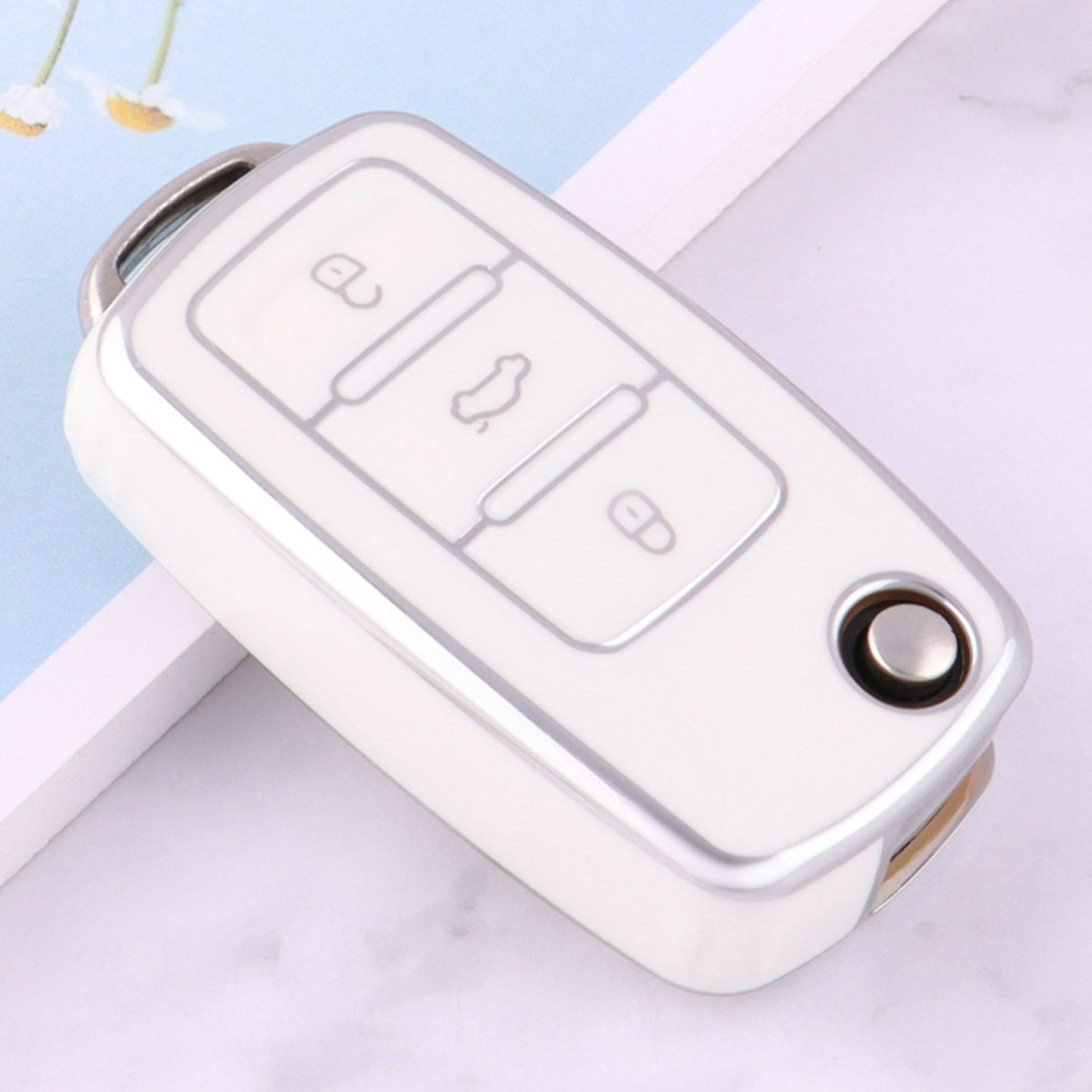 Zachte TPU Sleutelcover - Wit Zilver Metallic - Sleutelhoesje Geschikt voor Volkswagen Golf / Polo / Tiguan / Up / Passat / Seat Leon / Skoda Citigo - Sleutel Hoesje Cover - Randen Zilver - Auto Accessoires