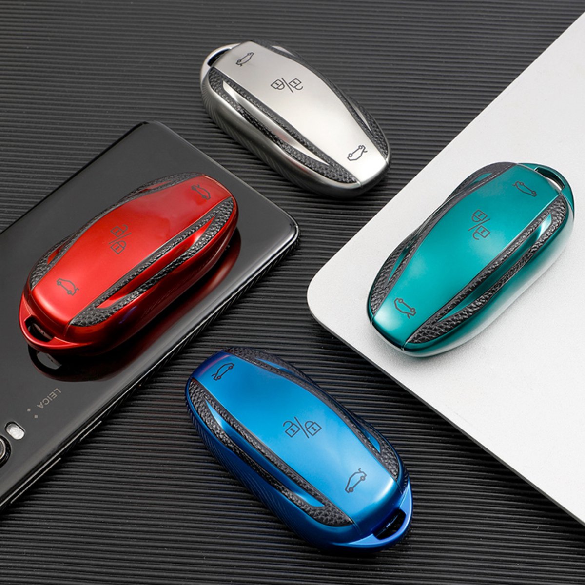 TPU Sleutelcover - Sleutelhoesje Geschikt voor Tesla Model 3 / Model S / Model Y - Blauw en Zwart Leer - Flexibele Sleutel Cover - Zacht Hoesje - Auto Accessoires